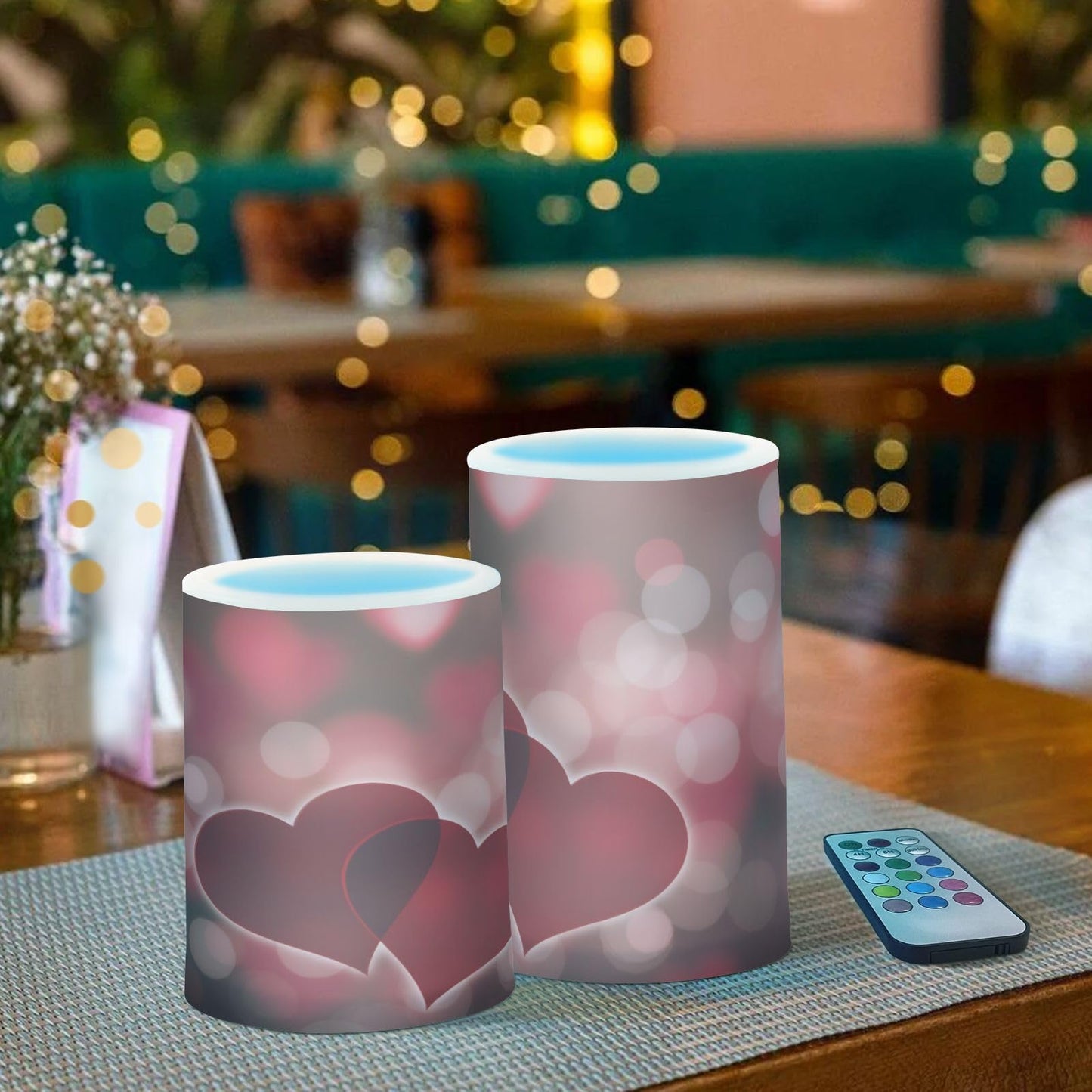 Valentines Lights Flameless Candles Valentines Hearts Bokeh Effect Pillar Candles Set of 2 Battery Operated Remote Control Warm Lights Home Decor