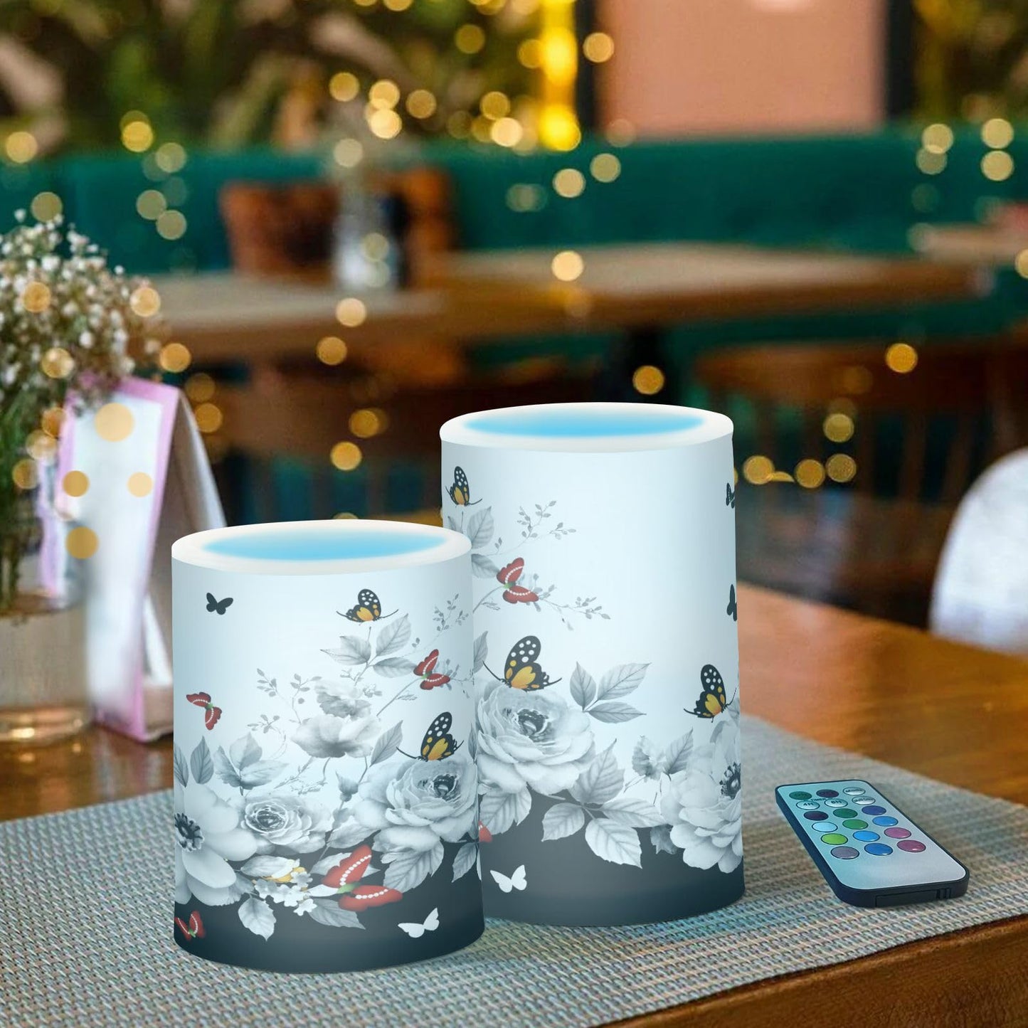 ALAZA Oriental Butterfly Cherry Blossom Flowers Flickering Flameless Candles Battery Operated with Remote Timer,Tea Light Candles LED Pillar Votive Candles Set of 2 for Outdoor Indoor Decorations