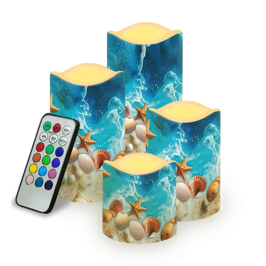Cozeyat Sea Shell Cottage Style Flameless Candles Set of 4 Battery Powered LED Pillar Candles with Remote Timer Flickering for Indoor Outdoor Garden Beach Decor