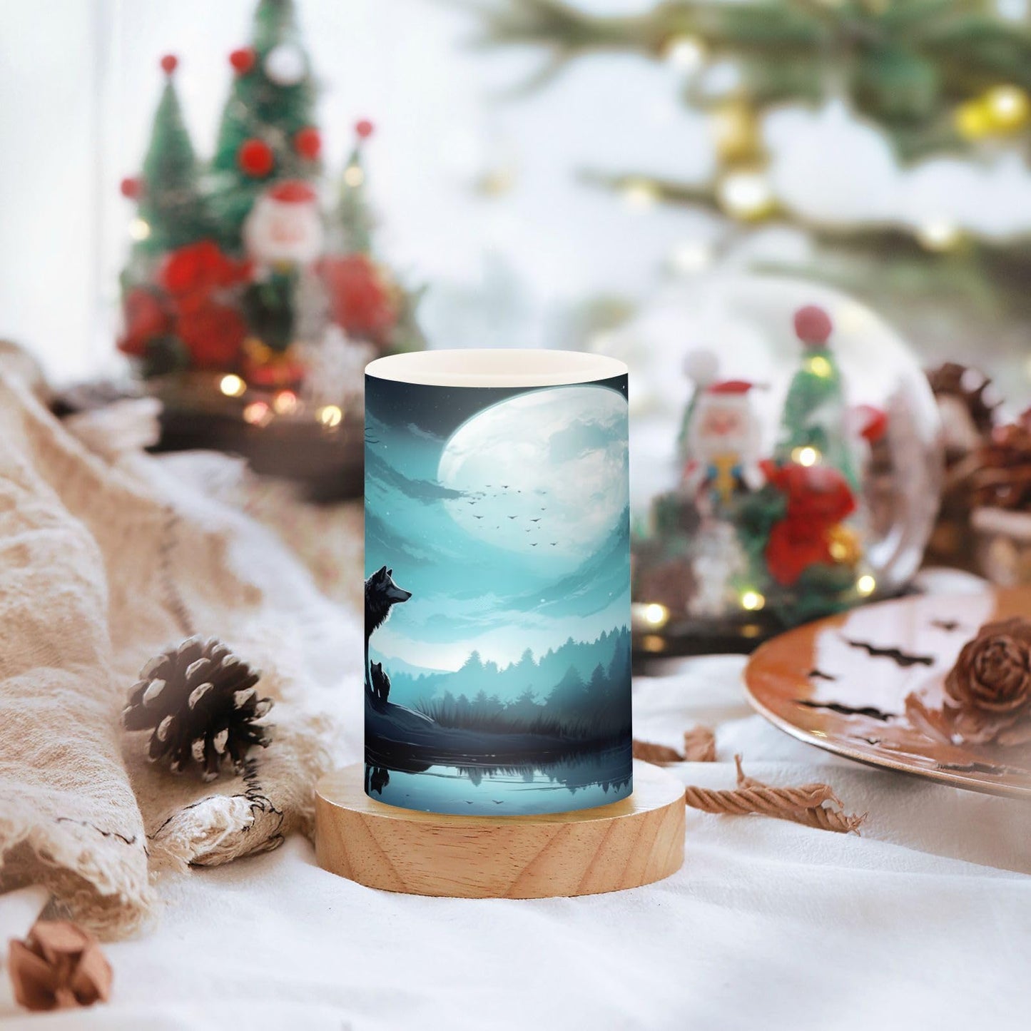 Blueangle Set of 2 Evening Moon Wolf Flameless Candles Battery Operated Flickering Pillar LED Plastics Candle Set with Remote Control Timer for Decorations