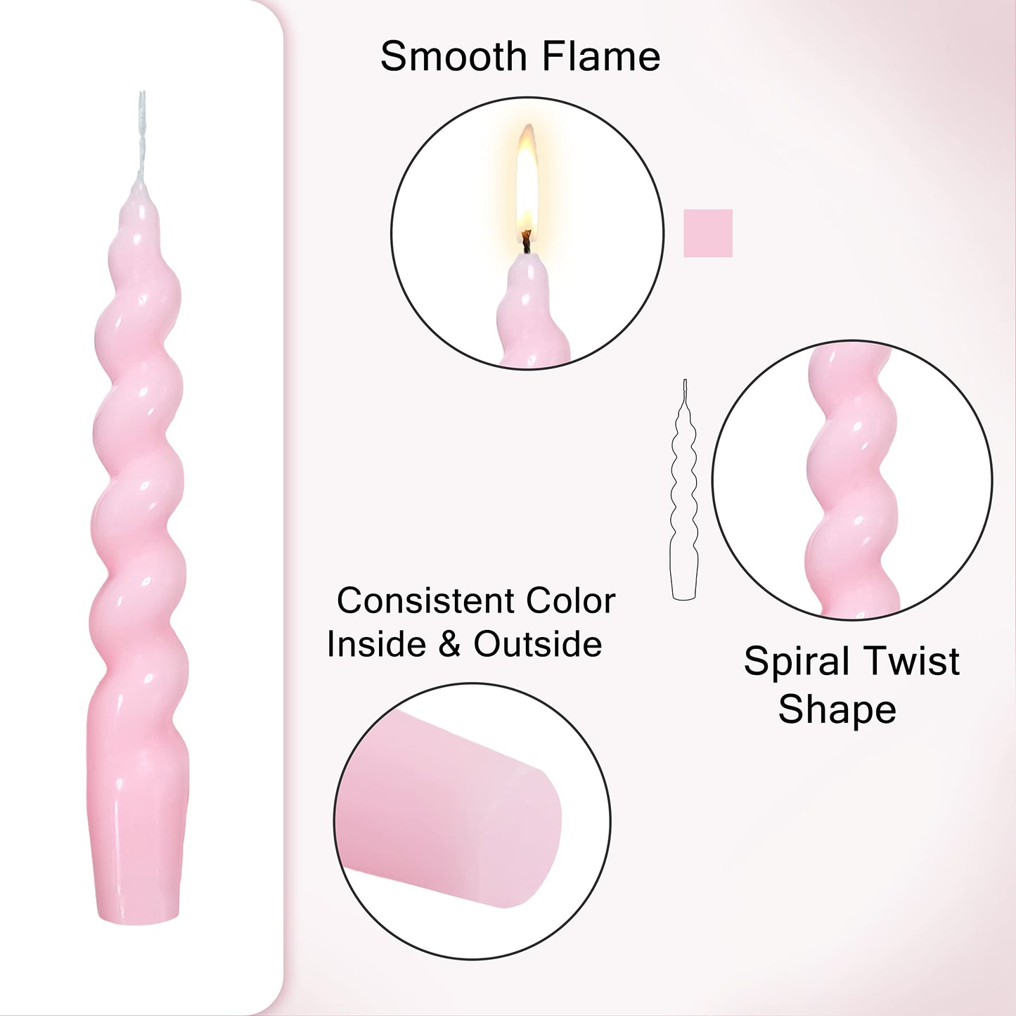 Spiral Taper Candles Stick Pink Twisted Candles H 7.5inch Wax Unscented Pink Dinner Candle Dripless for Home Decor, Relaxation & All Occasions