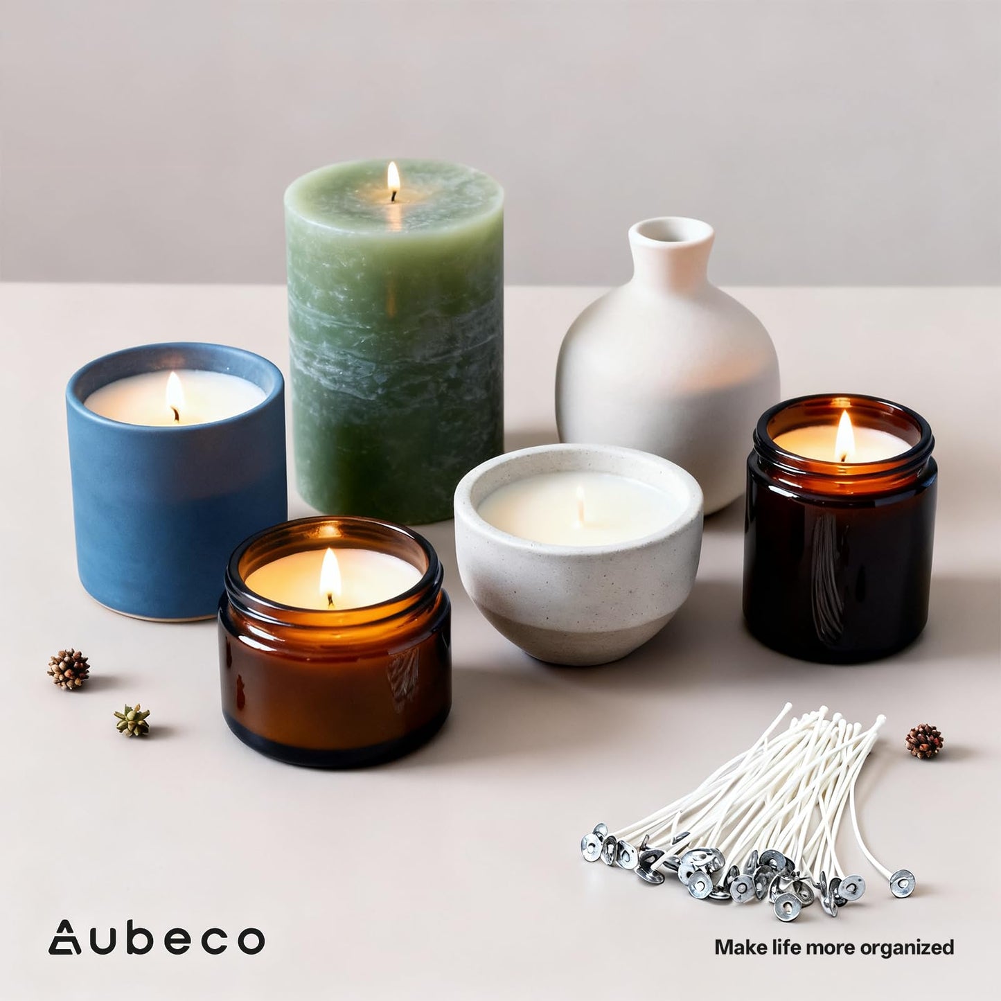 Aubeco 60Pcs Candle Wick, Low Smoke 12 Inch Pre-Waxed Cotton Wick with Tabs, Natural Cotton Core for Candle Making, Soy Candle DIY