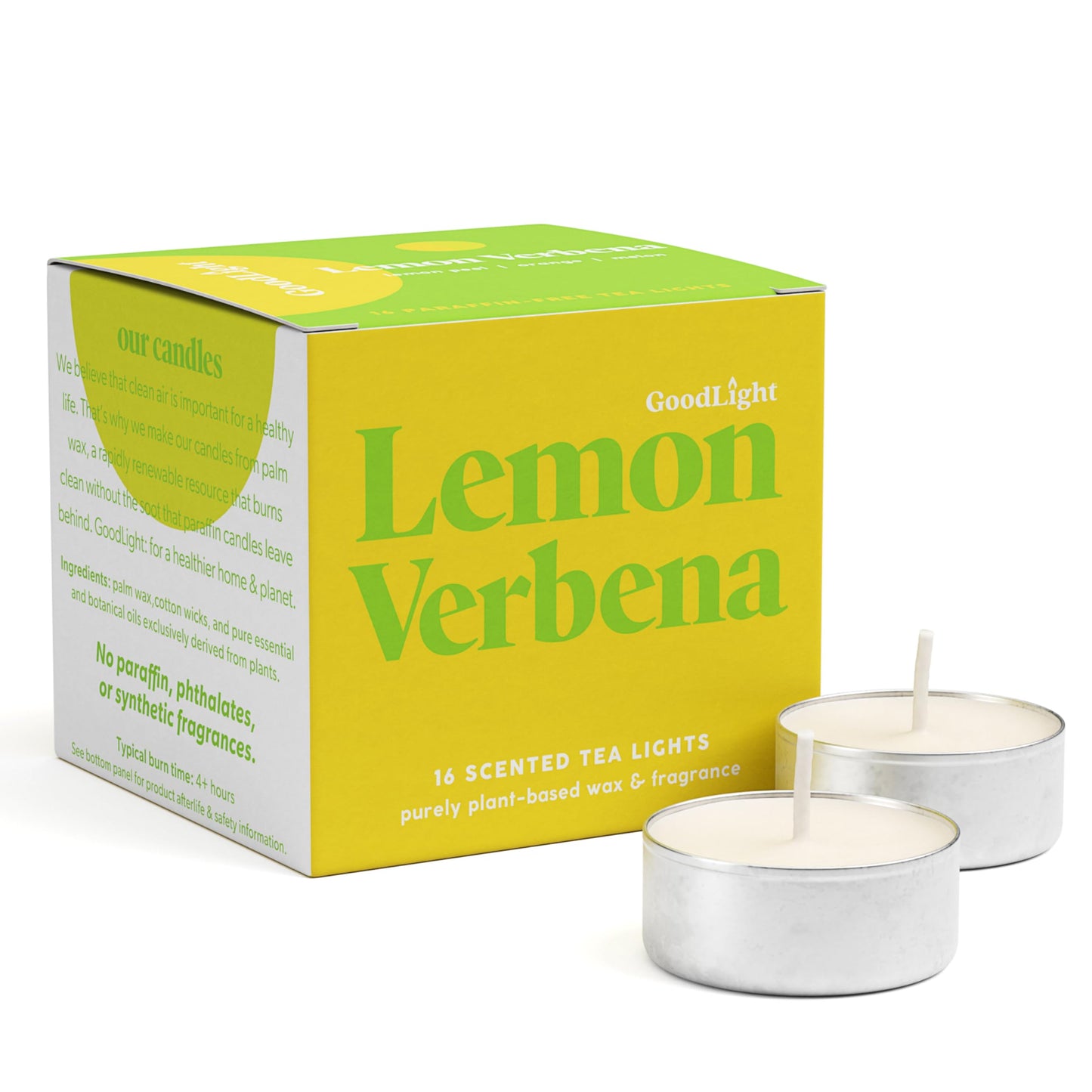 GoodLight Scented Vegan and Paraffin-Free Tea Light Candles (16 Count, Lemon Verbena)