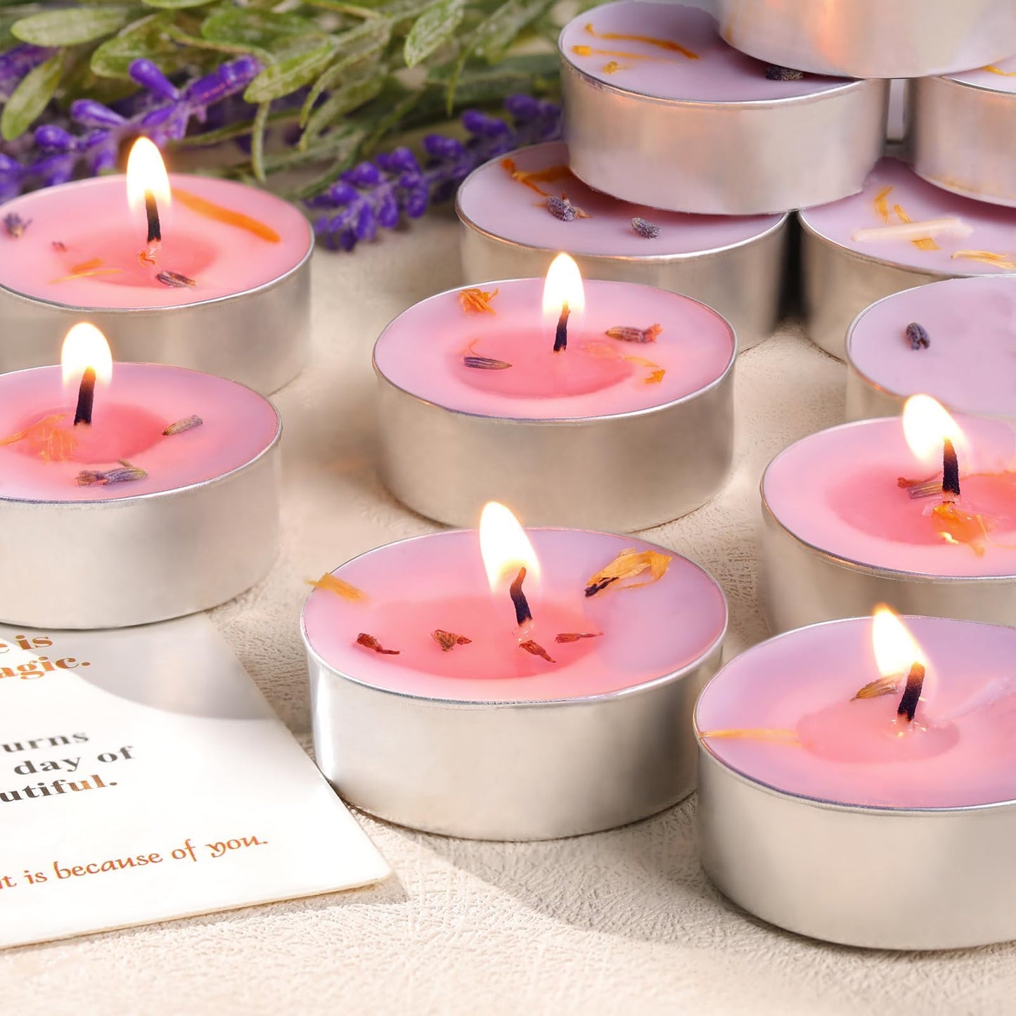 HAVITI 15 Pcs Lavender Scented Tealight Candles, Tea Lights Candles, 4H Smokeless Palm Wax Purple Tea Candle for Weddings,Christmas,Spa, Bath