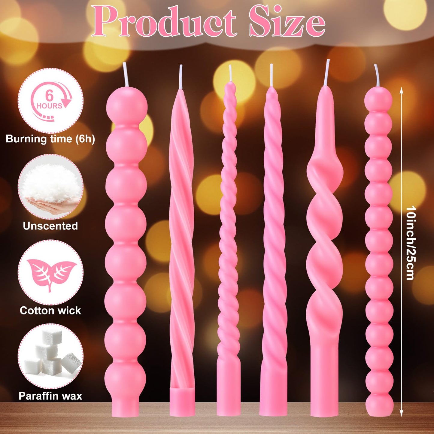 Conelist 10 Inch Pink Twisted Taper Candles Set of 6, Tall Smokeless Twisted Candlesticks for Wedding Holiday Birthday Home Party Decorations