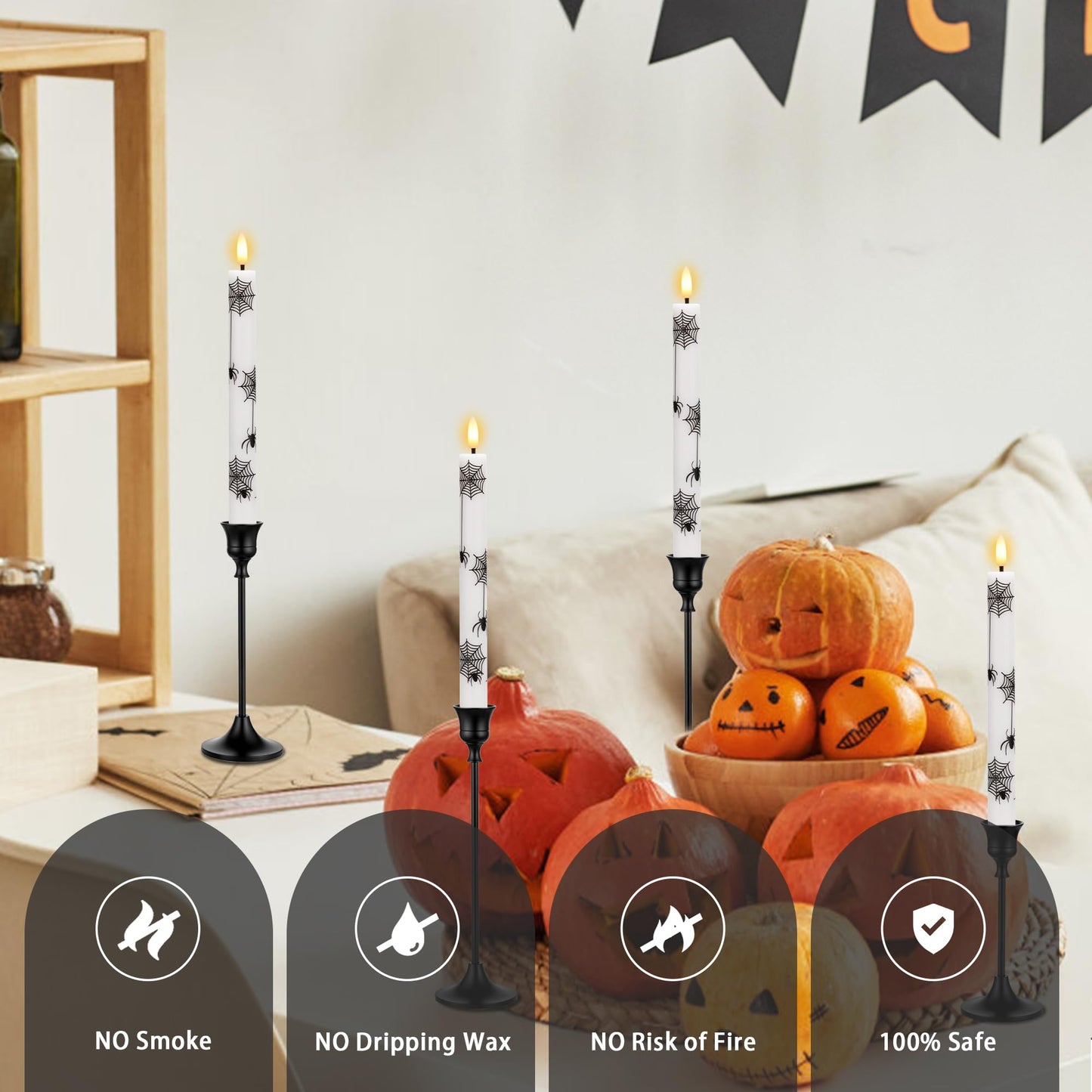 SEHNSY Halloween Flameless Taper Candles with Remote and Timer, 4 Pack Spider and Web Battery Operated LED Flickering Real Wax Candles, Spooky Decor for Halloween Table and Mantel