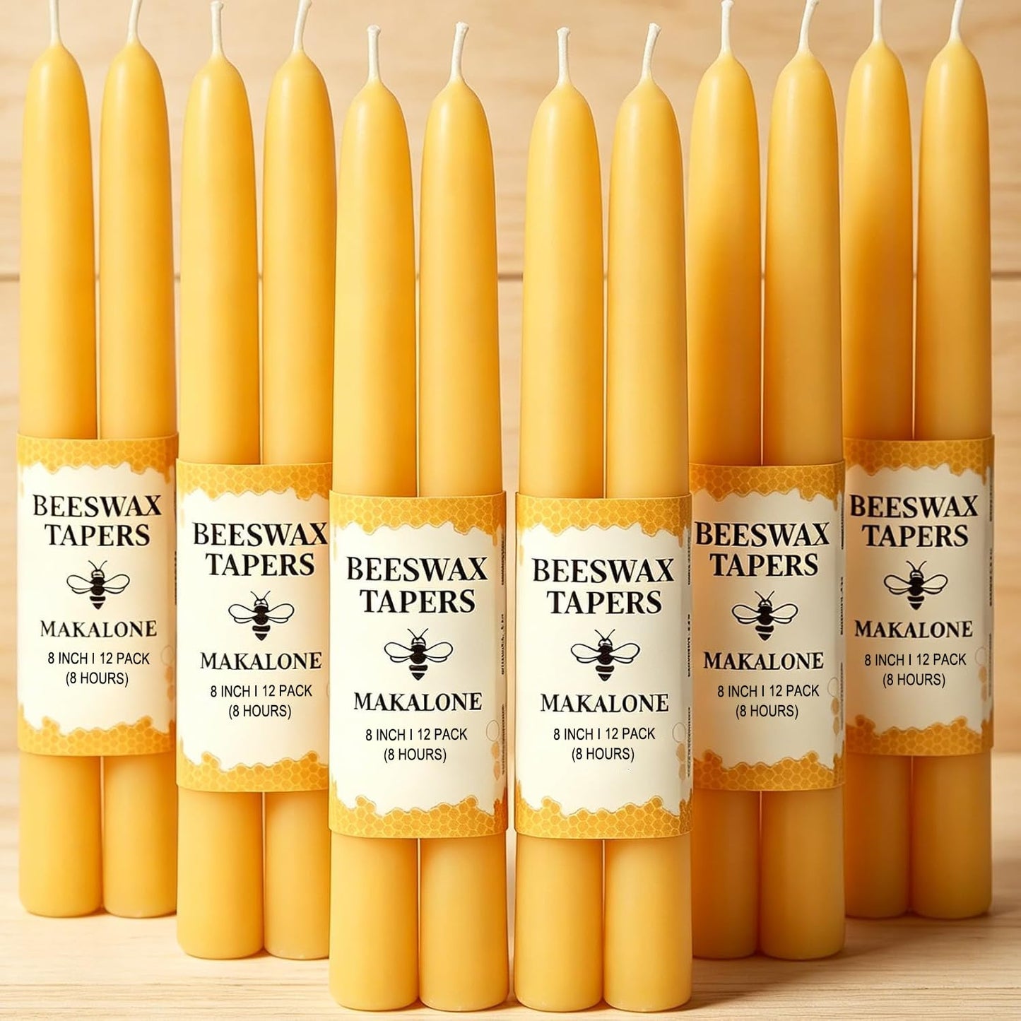 12 Pack Beeswax Taper Candles,8in Dripless Pure Beeswax Candles Non Toxic,8 Hours Long Burning 100% Natural Candle Sticks,Smokeless and Unscented Bees Wax Candle for Home,Prayer,Tall Tapered