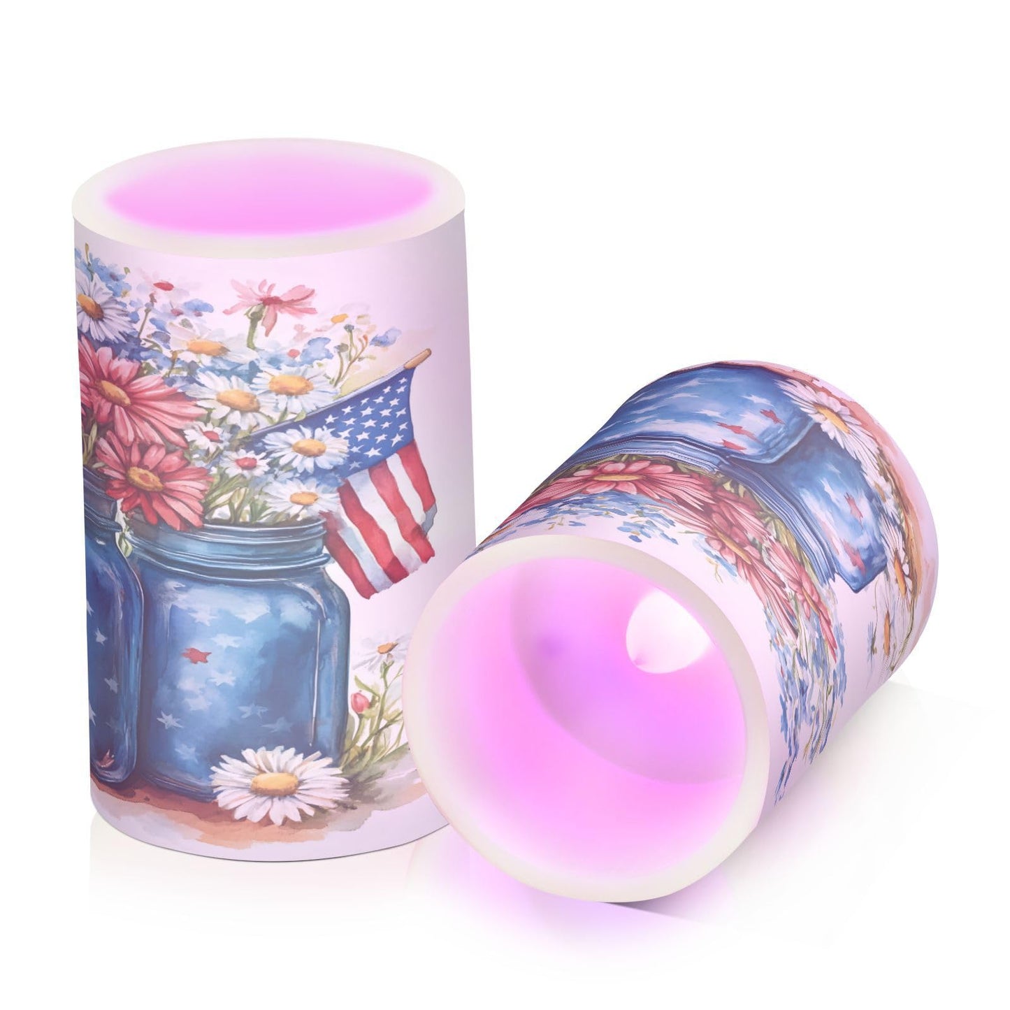 Patriotic Red Blue Flowers Vase American Flag5 Flickering Flameless Candles Battery Operated with Remote Timer,Tea Light Candles LED Pillar Votive Candles set of 2 for Outdoor Indoor Decorations