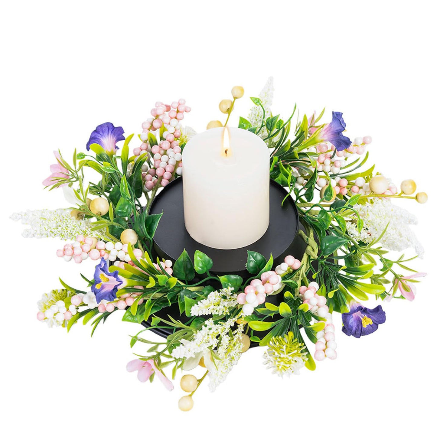 MOYEE Spring Candle Holder Centerpieces for Tables,Candle Ring, Black Metal Candlestick with an Artificial Wreath 14 in Versatile Dining Table Centrepiece (Purple Trumpet Flower Wreath)