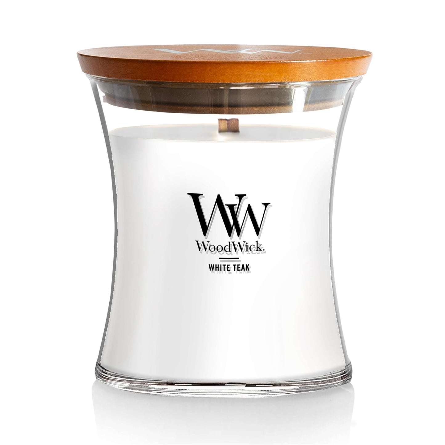 WoodWick Medium Hourglass Candle White Teak - Premium Soy Blend Wax Pluswick Innovation Wood Wick Made in USA