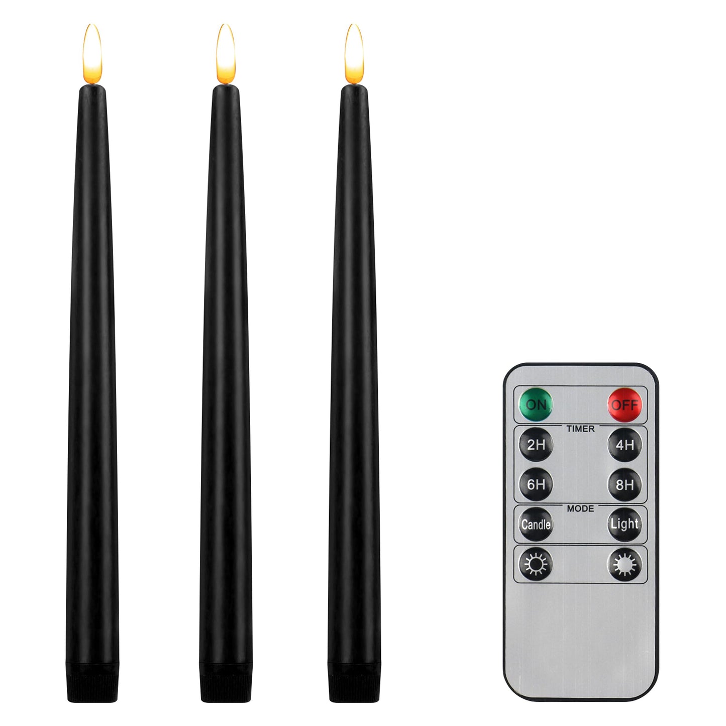 CVHOMEDECO. Flameless Taper Candles with 10-Key Remote, Battery Operated Led Flickering 3D Wick Window Candles Real Wax Finished Home Christmas Party Decor 0.78 x 11 Inch, Pack of 3, Black
