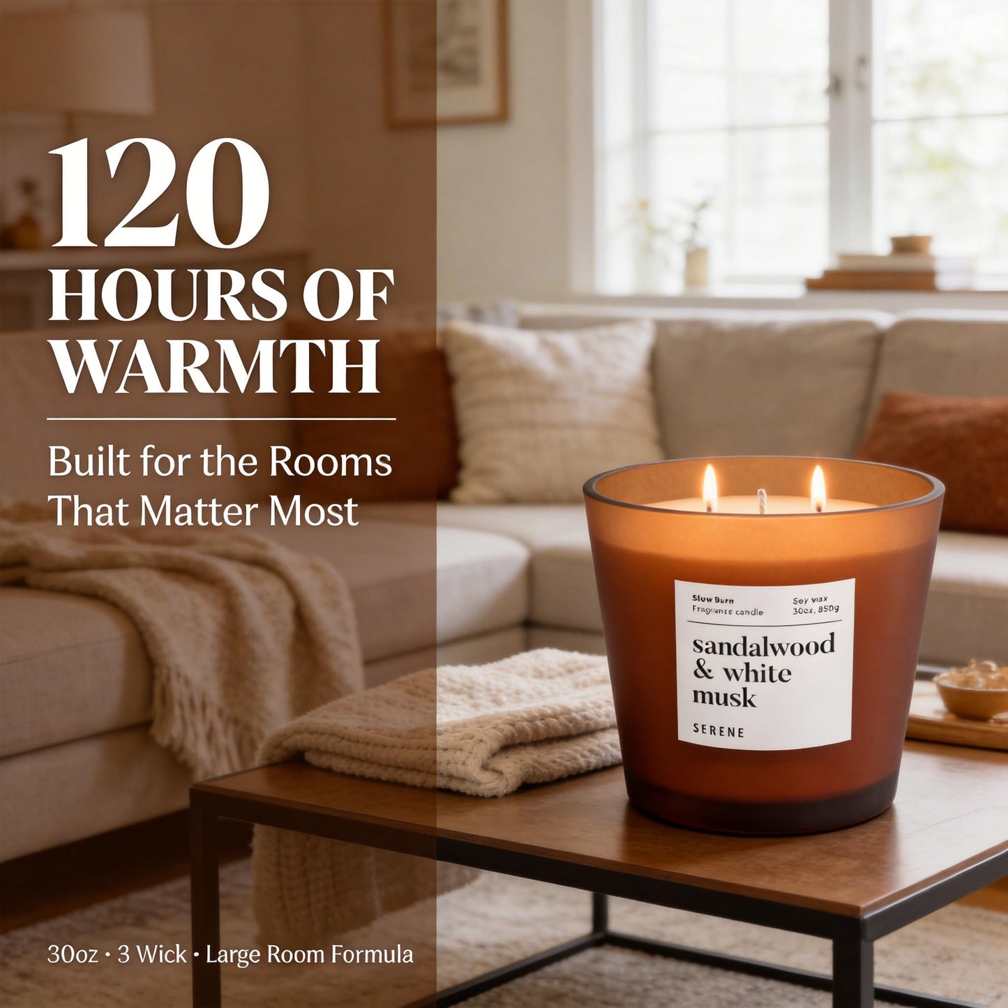 Hidden Label Sandalwood White Musk Scented Candle, 30oz Large 3 Wick Candle for Home, 120H Long Lasting Natural Soy Wax, Strong Scent Throw for Large Rooms, Non-Toxic Stress Relief Gift for Women