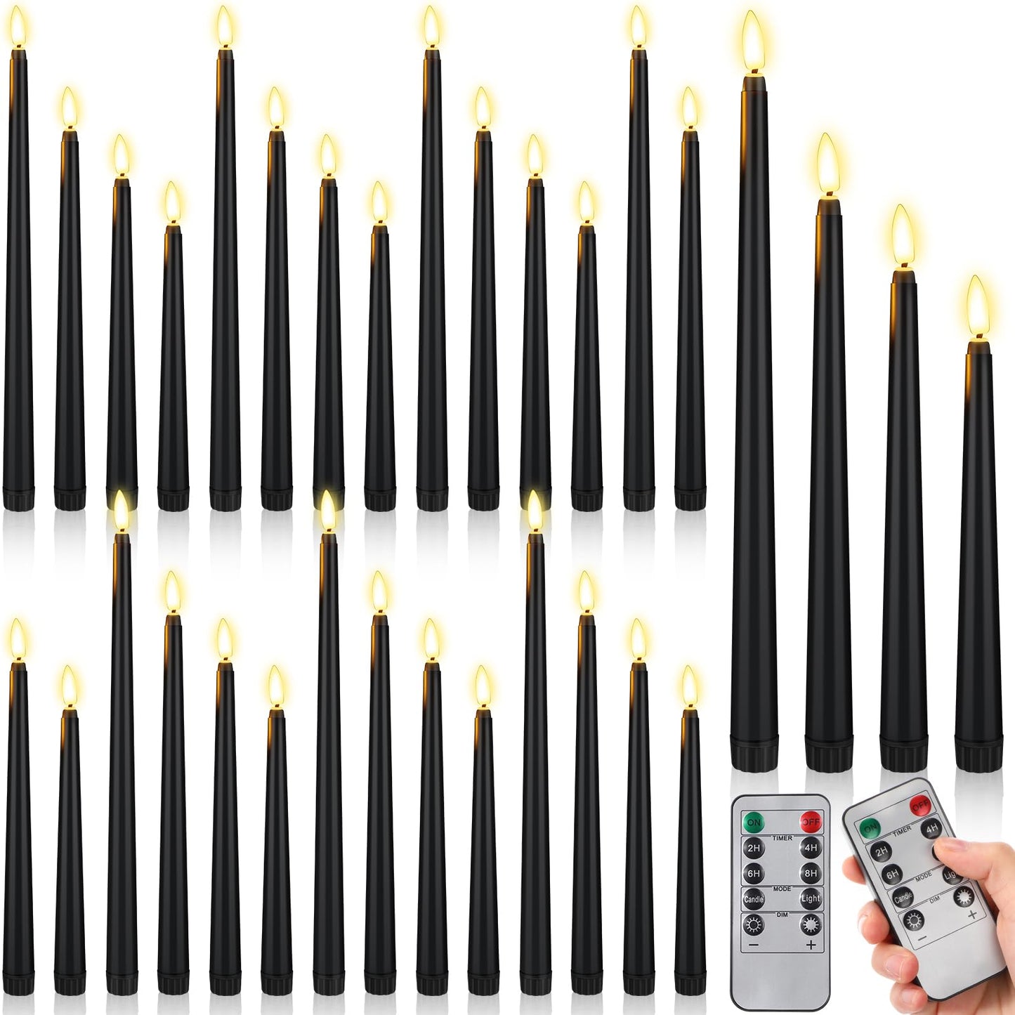 Rossesay 28 Pcs Flameless Taper Candles with Timer Remote 4 Sizes of 8.5", 9.6", 10.83", 12.8" LED Flickering Taper Candles Battery Operated for Valentine's Day Church Wedding Home Decor(Black)