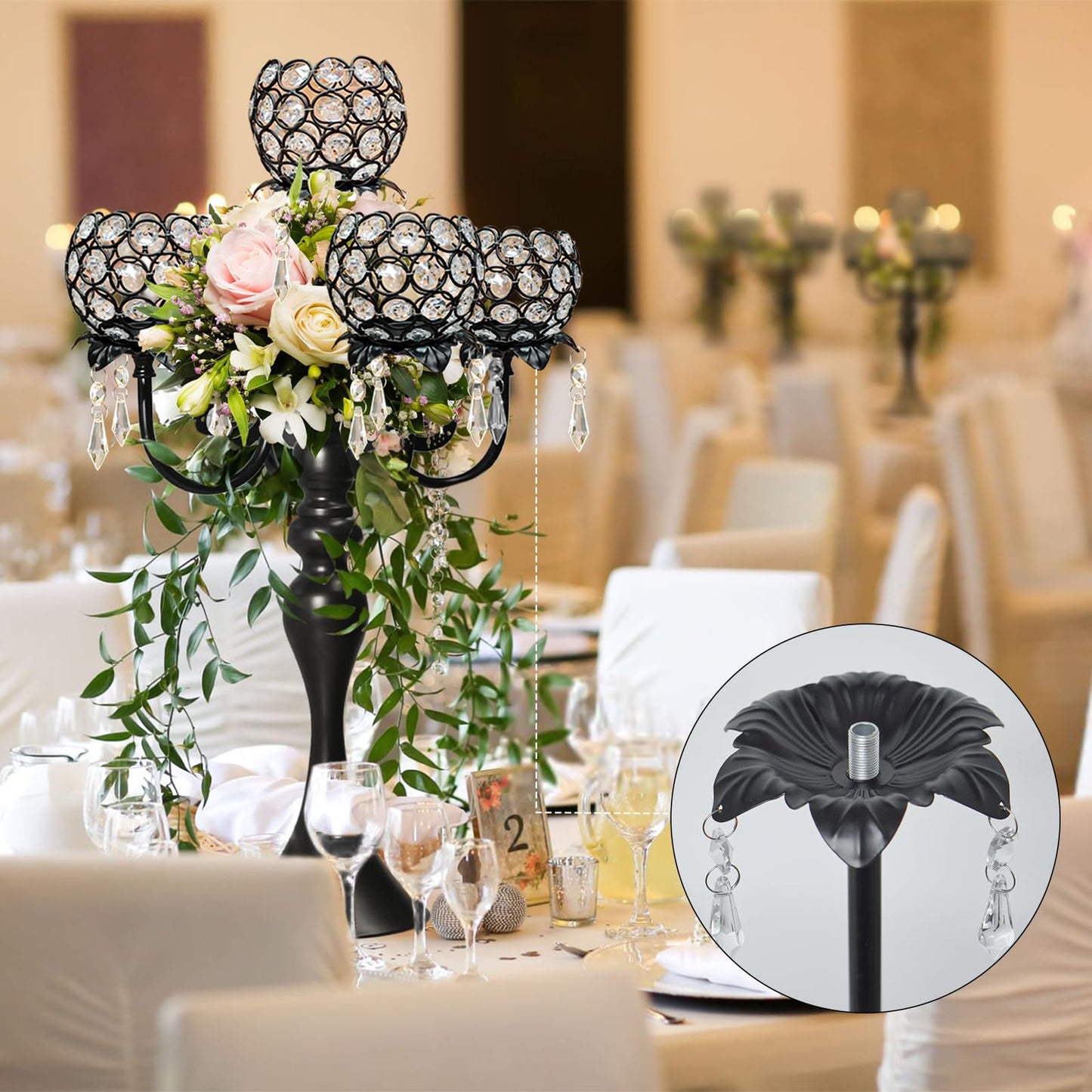 5 Pcs Metal Flower Candle Holder Leaves, 4.3 Inch Metal Candle Stand Accessories with 3 Hanging Holes for Crystal Pendants, Suitable for Candlesticks and Candelabra (Black, 3.9"-5pcs)