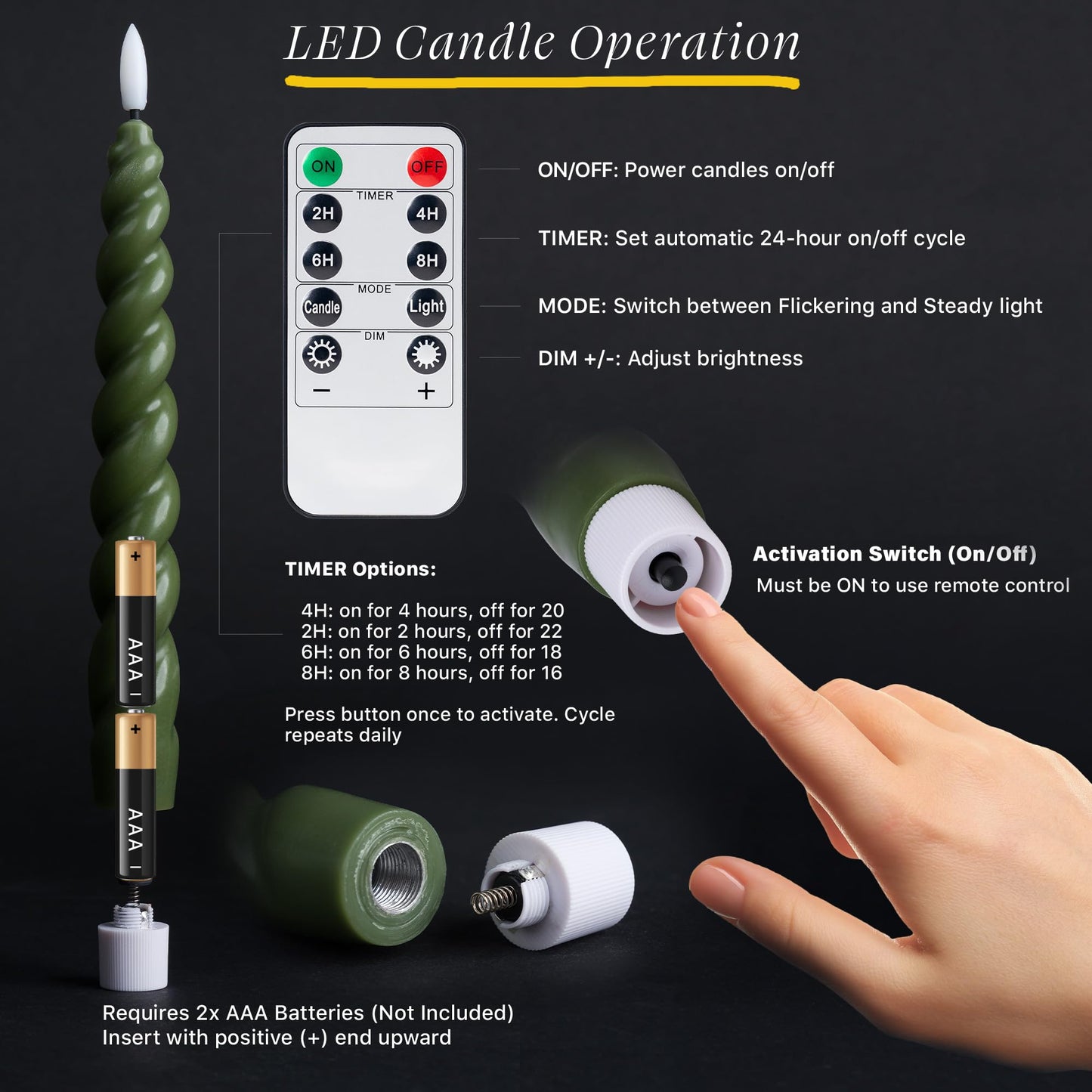 WYZworks 10" Flameless LED Taper Candles – Full Twisted Spiral – Loden Green, Set of 6 – Remote, 2/4/6/8-Hr Timer (24-hr Memory), Bottom On/Off Button, Dimmable, Battery Operated, Flicker/Steady