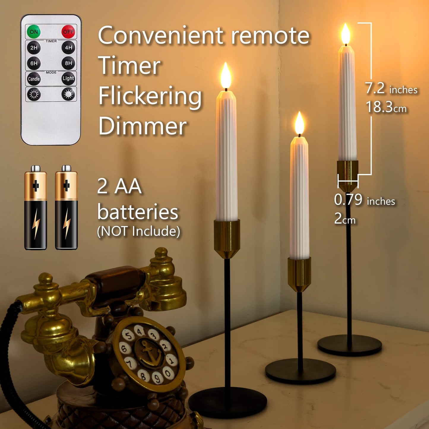 5plots White Flameless Taper Candles with Remote, Timer, Roman Column Led Taper Candles Battery Operated, Led Candlesticks with 3D Flame, Floating Flickering Candles for Halloween Christmas Decor