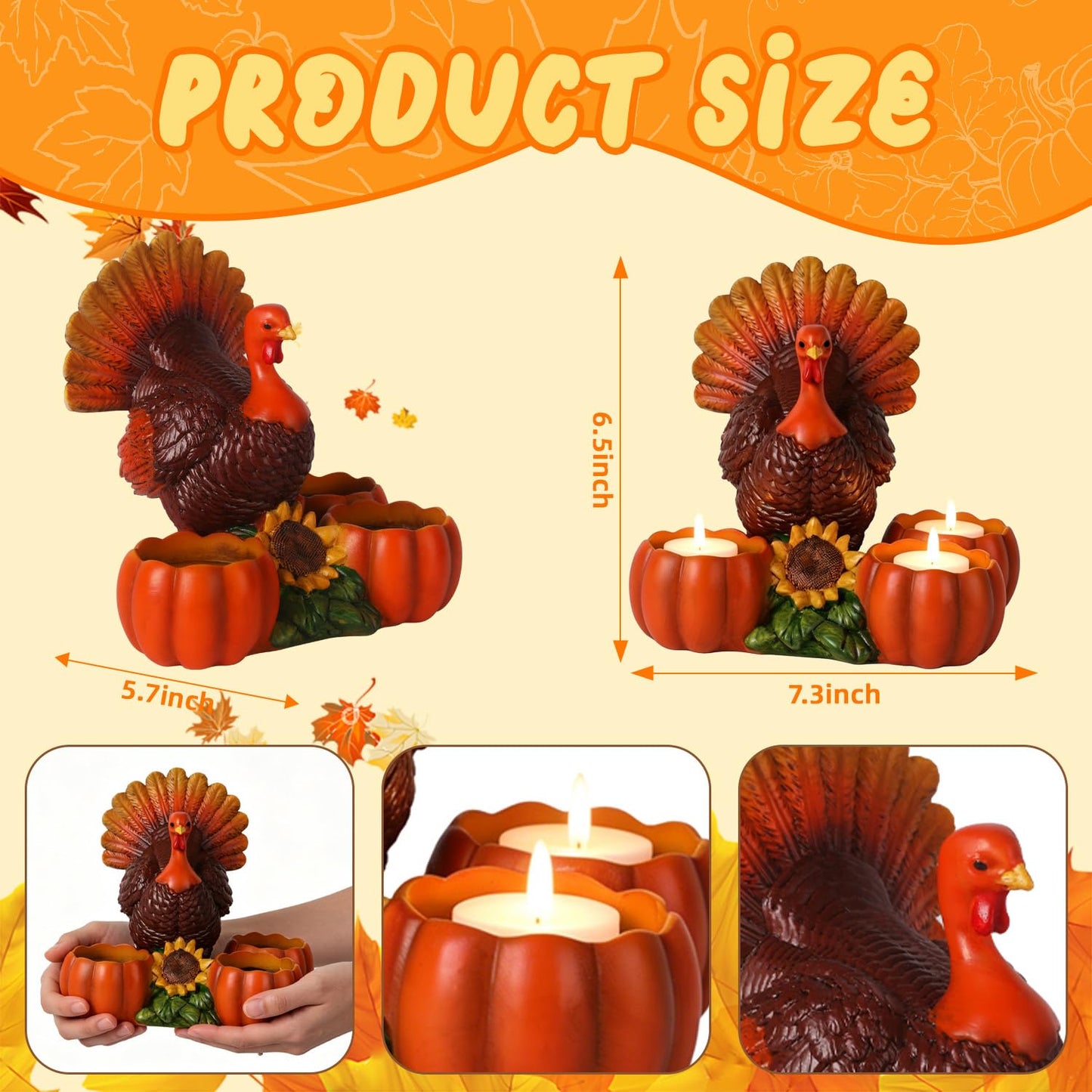 Thanksgiving Turkey Tealight Candle Holder with 3 Pumpkin & Sunflower Decor, Thanksgiving Table Centerpieces Autumn Votive Candle Holder Turkey Figurine for Fall Home Decor