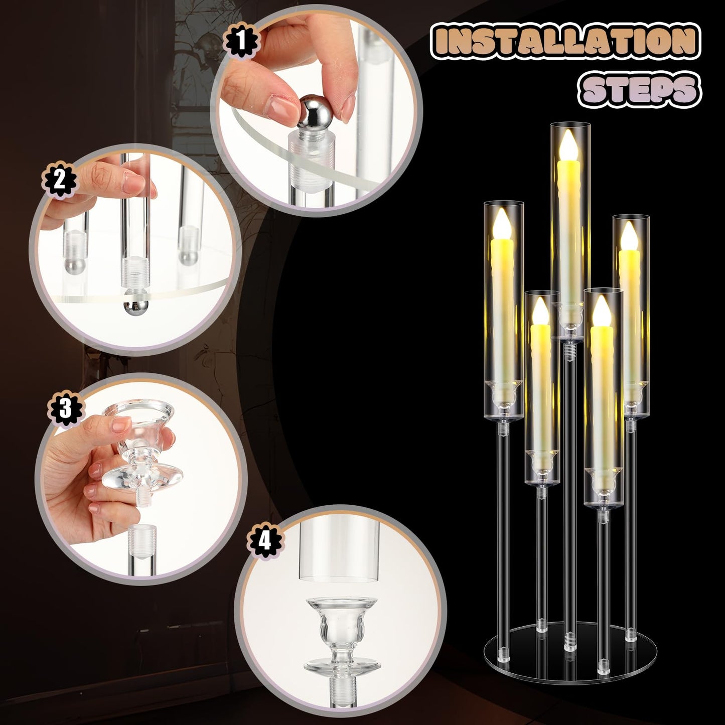 FoldTier 8 Sets 5 Arm Acrylic Candelabra Holder for Wedding Table Centerpiece 27inch Tall Floor Clear Candle Centerpieces with LED Candles and Shade for Proposal Ceremony Birthday Party Home Decor