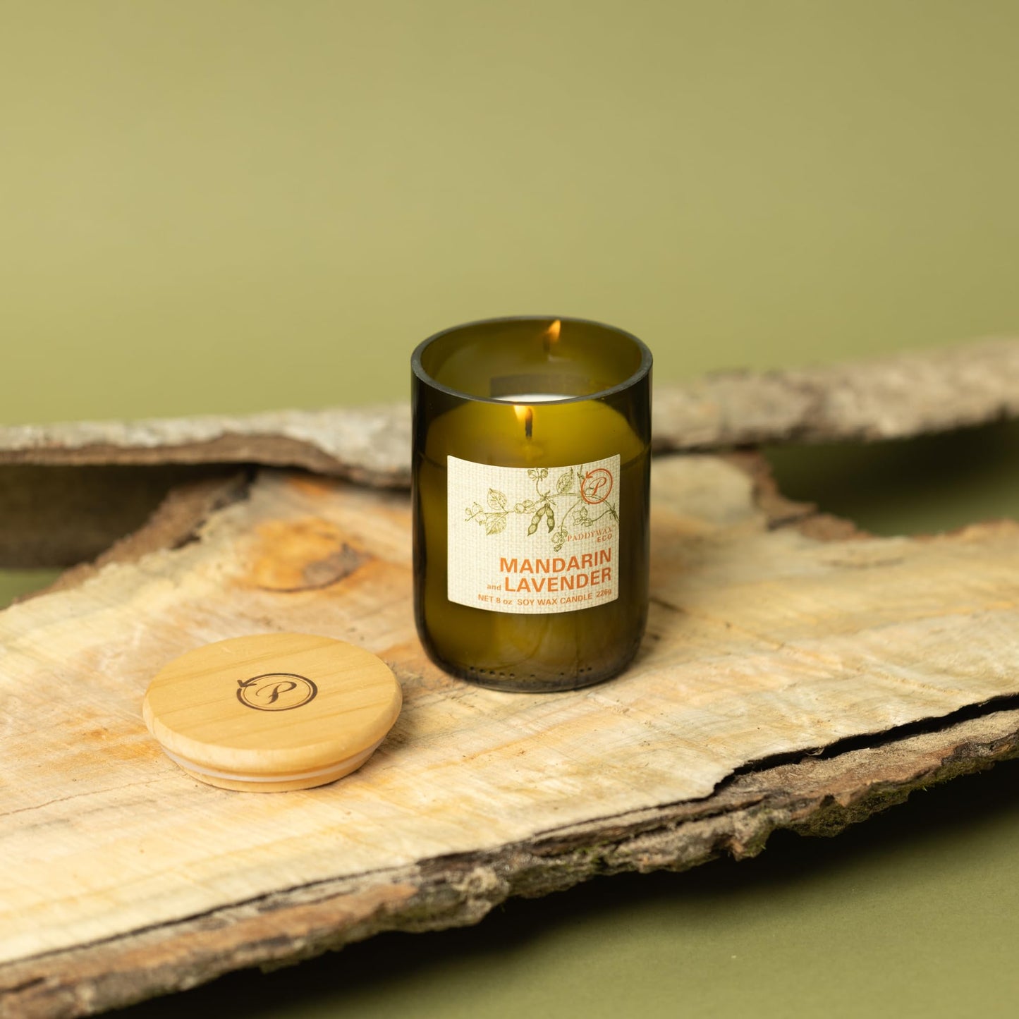 Paddywax Eco Collection Scented Soy Wax Candle in Glass Jar, Mandarin & Lavender Fragrance, Green Vessel with Wood Lid, 8 oz