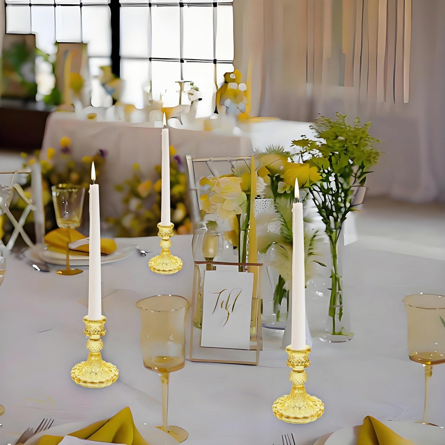 ECHFSM Glass Candlestick Holder,Striped Taper Candle Holders,Set of 6 Candle Stand for Table Centerpieces, Home Decor,Weddings,Festival and Parties (Yellow Dimond)