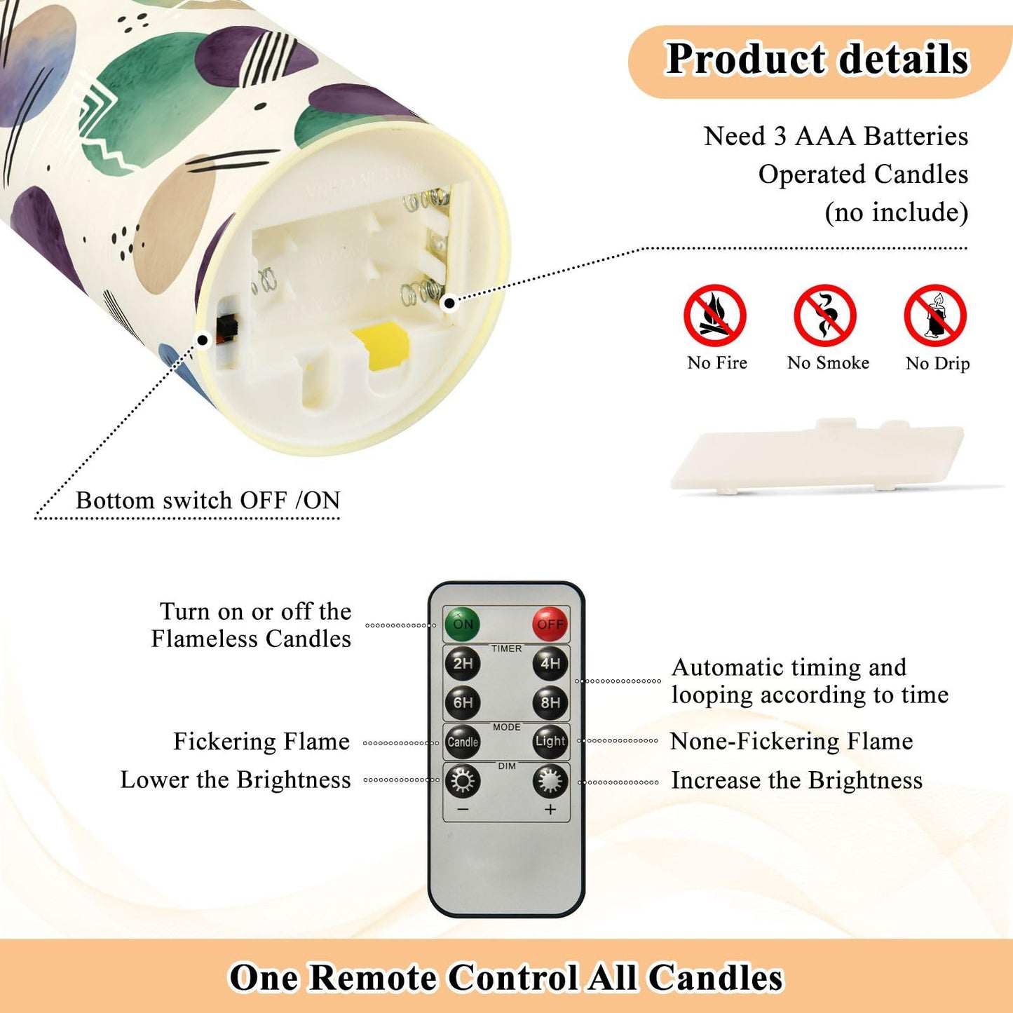 Gravopti Abstract Dots 2 Pack Flameless LED Pillar Candles with Remote & Timer, Battery Operated, Flickering Wax Candle for Wedding, Romantic Home & Party Decor