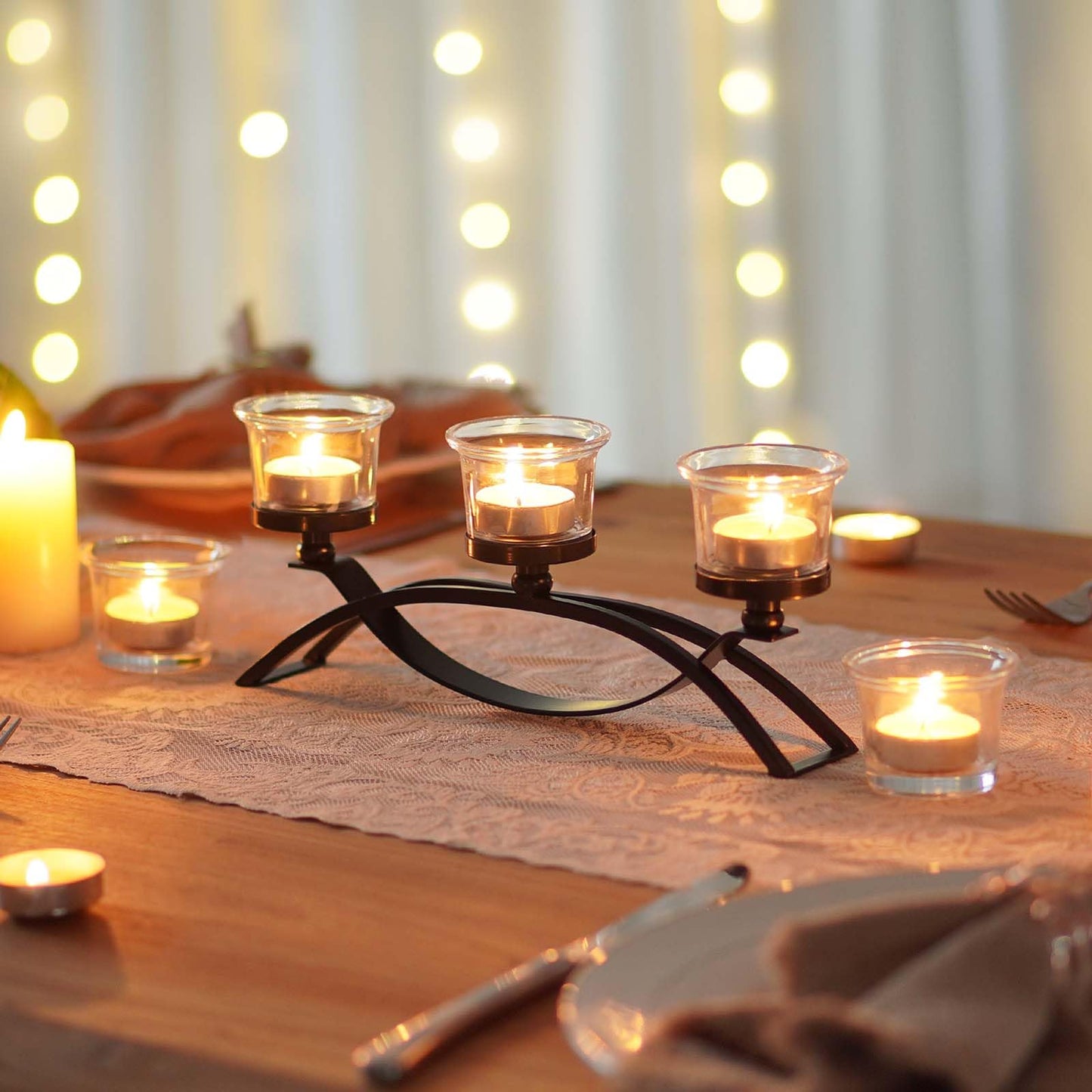 3-Arm Metal Tea Light Candle Holder Set with 5 Glass Cups, Votive Candle Holders Centerpiece Candelabra for Wedding Table Decor, Home Gatherings and Holidays (Black, 5 Cups)