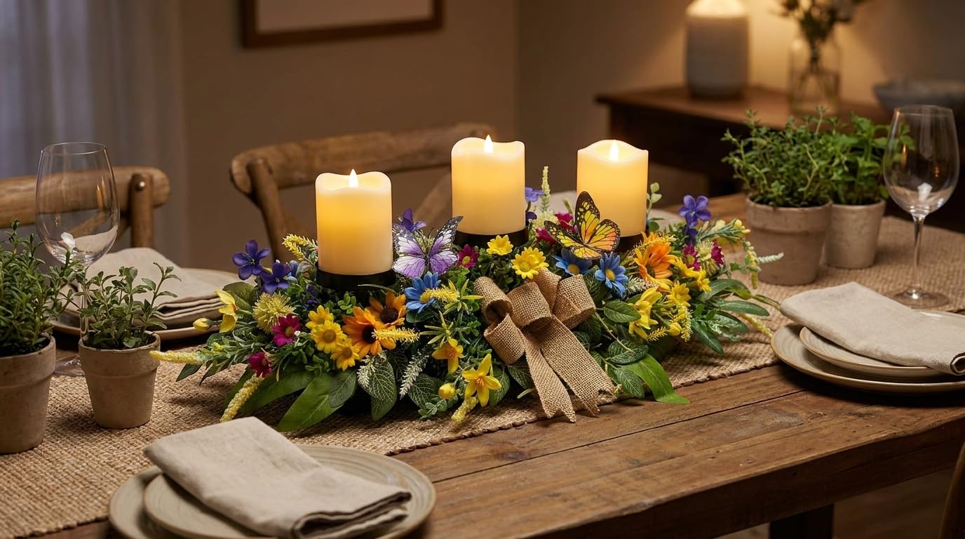 Svndlyn Candle Holders Spring Summer Centerpiece,3 Wick Candle Holder with Daisy and Sunflowers, Perfect for Spring Decor,Easter Centerpiece Table Decor,Indoor Home Decor,Desktop Decor