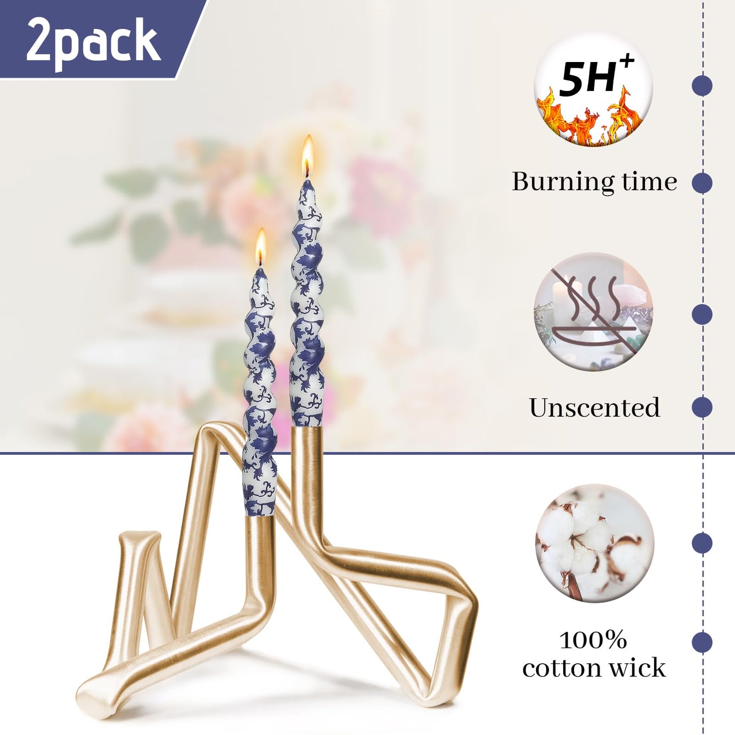 Short Taper Candle Blue and White Porcelain Candles Floral Print Spiral Candlesticks 7.5 Inch Handmade Candle Sticks for Home Wedding Party Decor Gifts Set of 2