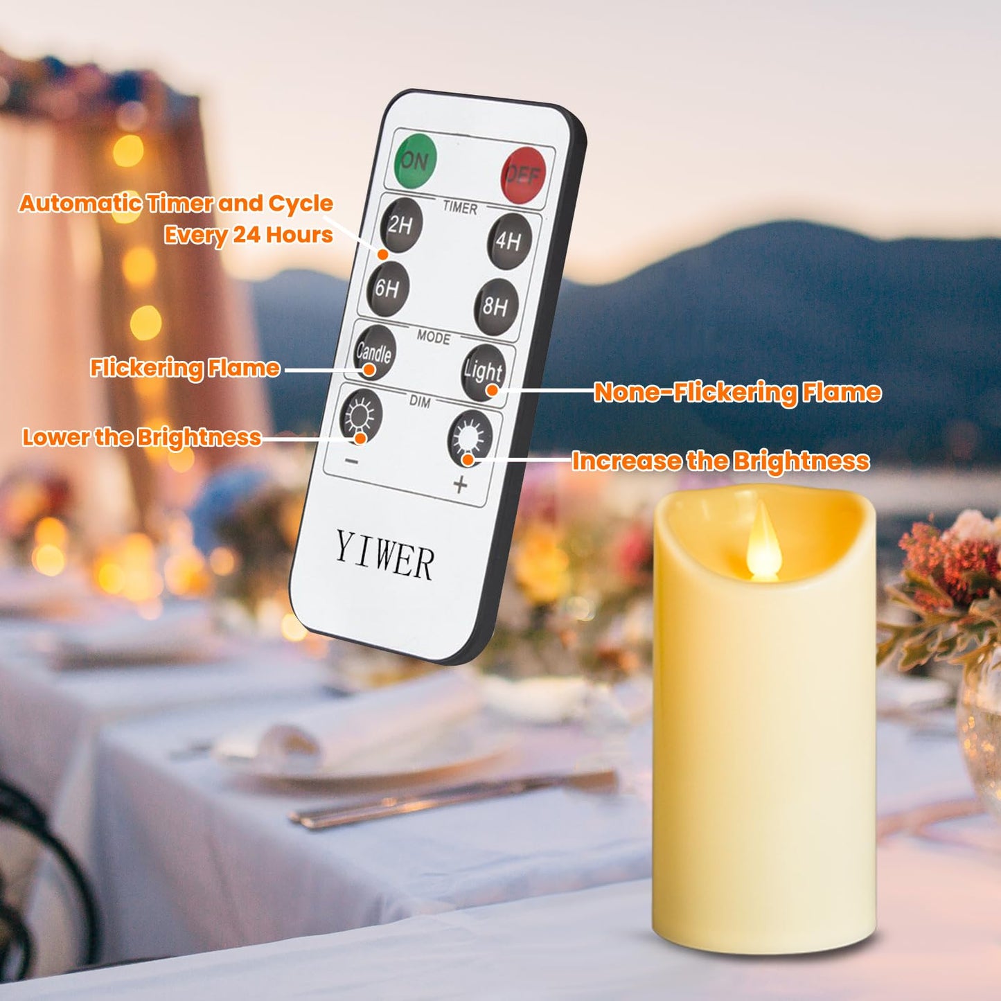 YIWER Plastic Flameless LED Candles,Pack of 4 Battery Operated Candle with 10 Key Remote Control Electric Fake Flickering Light Ivory Pillar D3”H6”