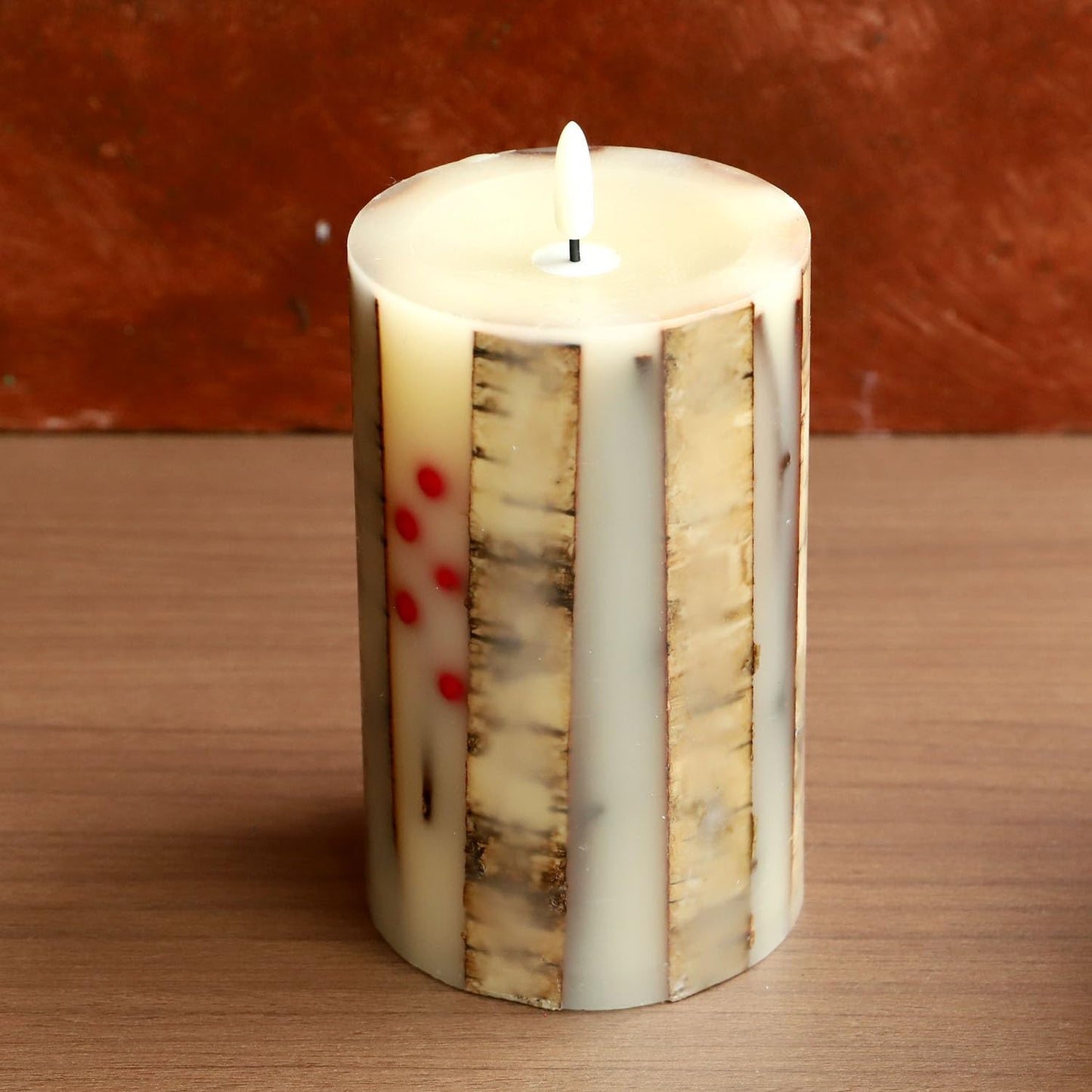 Real Birch Candles Flameless Embedded with Red Berries Christmas Flameless Candles with Remote Pillar Candles Battery Operated (3.5" × 6") - Real Wax, Unscented - for Christmas Decorations