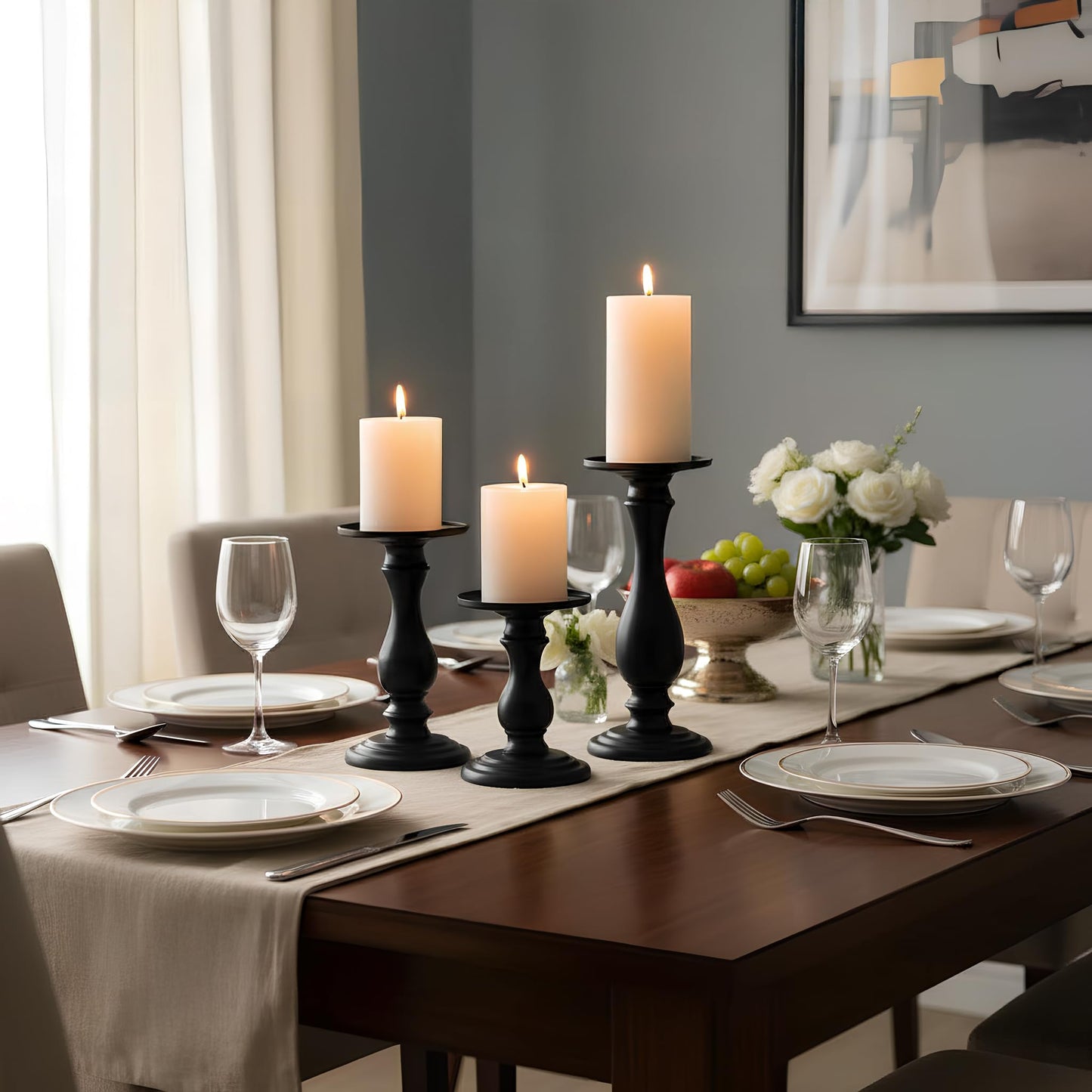 Matte Black Pillar Candle Holders Set of 3-10", 8", 6”H Candlestick Candle Holders Stand, Home Coffee Table Decor Decorations Centerpiece for Dining/Living Room