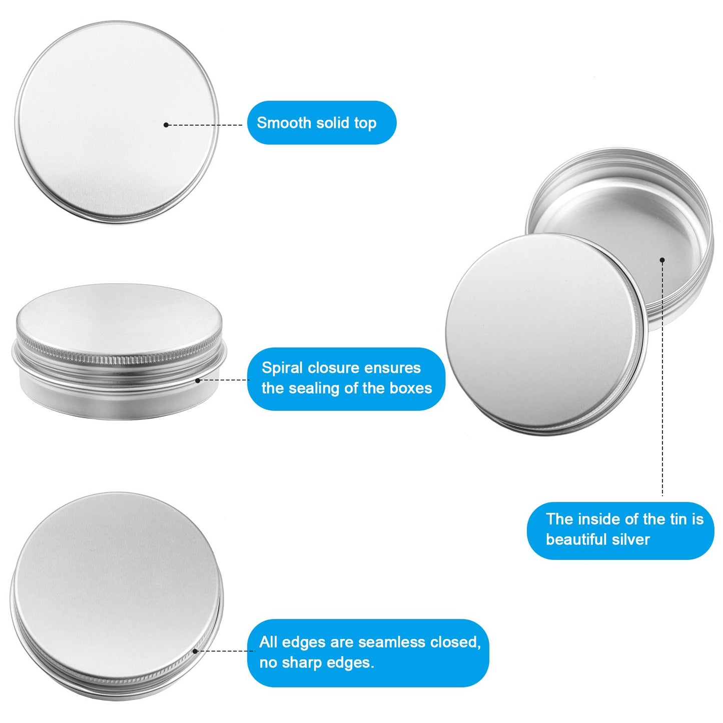 Patelai 2 oz Silver Metal Round Tins Aluminum Tin Cans Salve Tins Containers with Screw Lid 10 Sheets Stickers for Salve Spice Candies Balms Candles, 36 Pack (Classic Style)