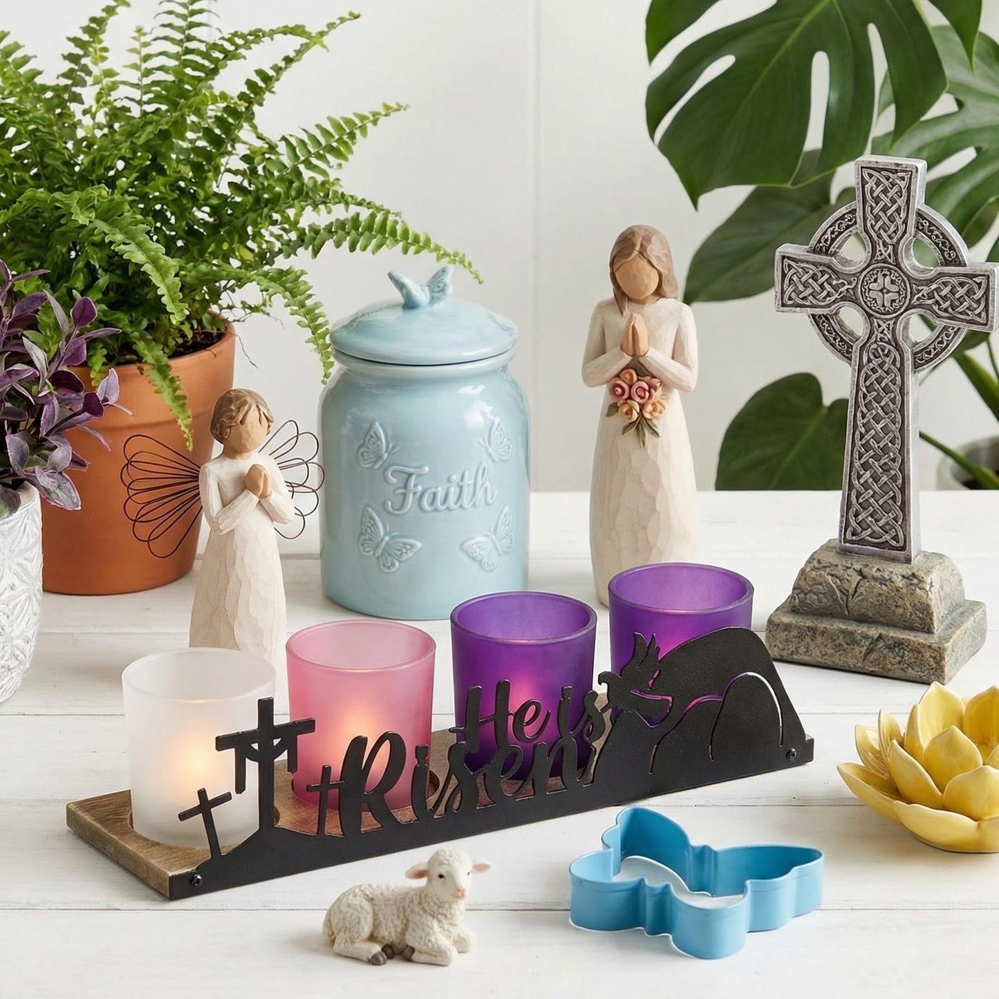 SYFURNIX He is Risen Easter Decor, 4 Glass Votive Tealight Candle Holders & 1 Wooden Tray, Easter Religious Decor for Church Event Pray Table Centerpiece, Christian Gift