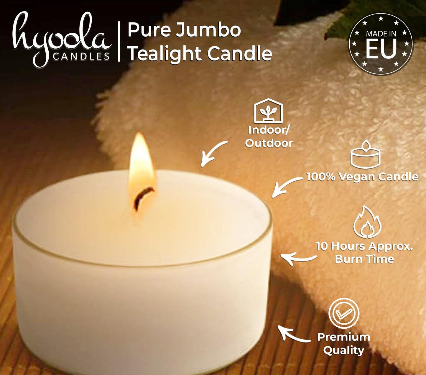 Hyoola Pure Jumbo Tealight Candles - 100% Natural, Non Toxic, Unscented - 10 Hour Burn Time - 8 Pack