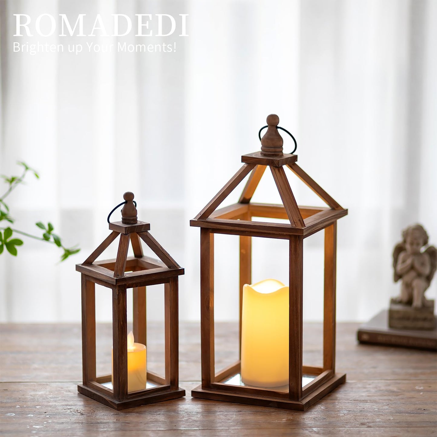 Romadedi Farmhouse Wood Candle Lantern - 12" / 16" Set of 2 Rustic Wooden Lanterns Decorative Candle Holder Home Decor Wedding Table Centerpiece Indoor Outdoor Fireplace Decorations, Brown
