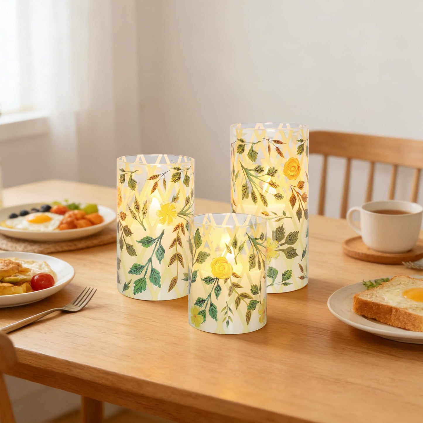 Crystal Club Yellow Floral Flameless Candles with Remote & Timer, 3D Wick Flickering Pillar LED Flameless Candles, Battery Operated for Home Wedding Party Festival Decor, Set of 3