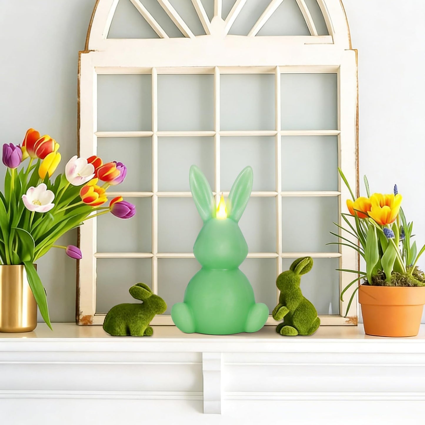 Leorate Green Easter Bunny Flameless Candle,Real Wax Carved LED Candle,Scented Bunny Shape Flame Candle Set for Home Living Room Bedroom Party Decoration Centerpiece Table Home Decor