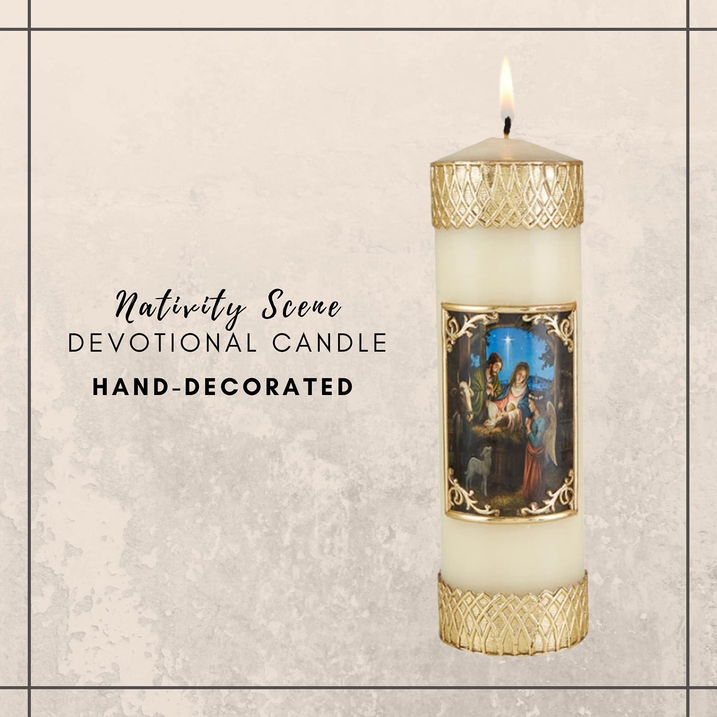 Needzo Gold Tone Nativity Scene Ornate Pillar Candle for Christmas Mass Decoration or Holiday Candles for Homes, Mantels or Centerpieces, 7.75 Inches