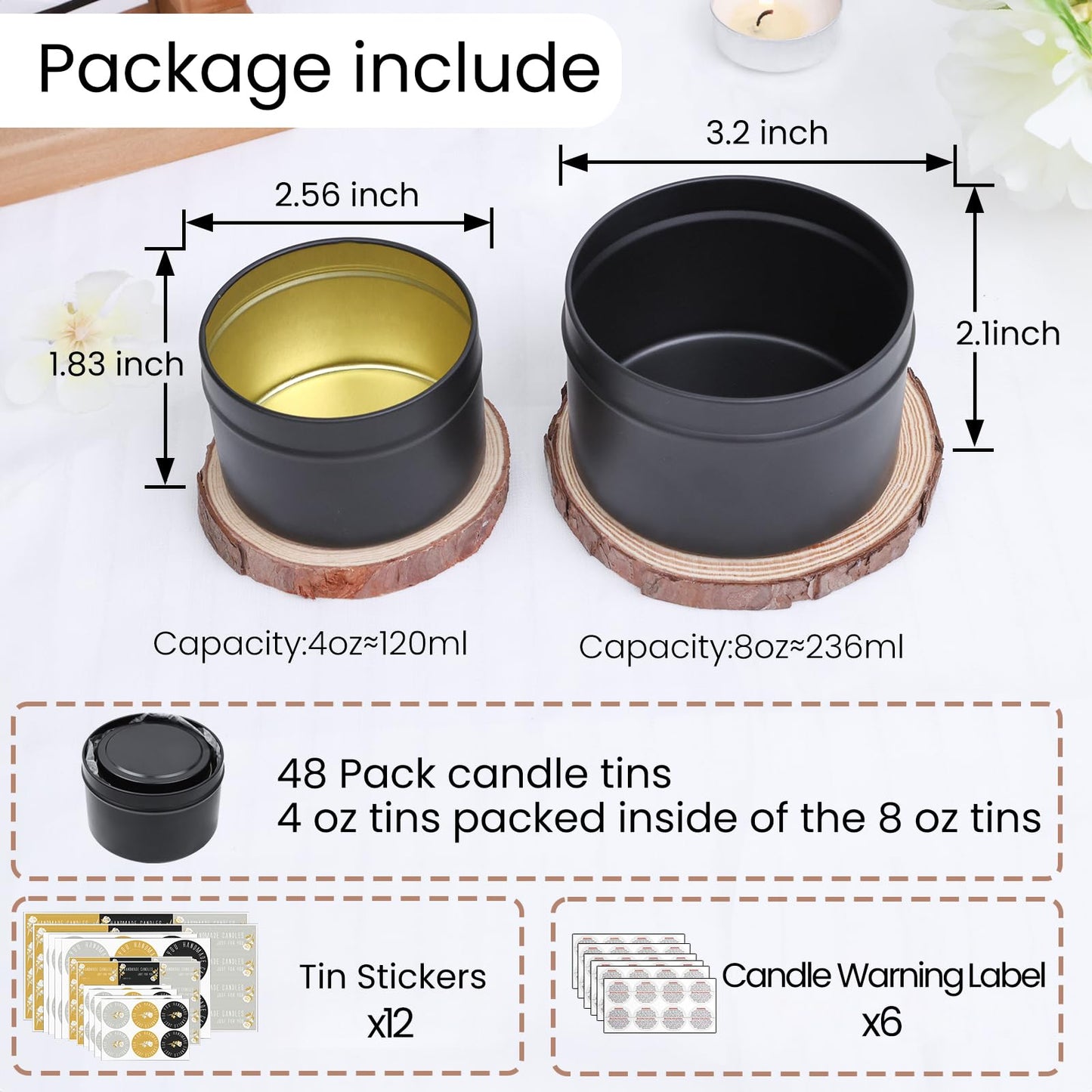 CONNOO 48 Pack Candle Tins - 24pcs 8oz + 24pcs 4oz Matte Black Jars with Lids for Making Candles, Bulk Empty Containers with Sticky Warning Labels for Candle Making, Storage, and Gift