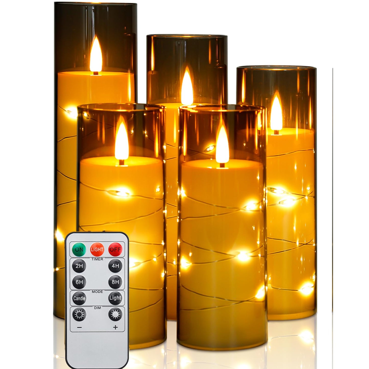 Enido Flameless LED Candles with Remote & Timer, Battery Operated Acrylic Pillar Set, 5 Pc Flickering Electric Lights with Embedded Star String for Cozy Home & Holiday Romantic Decor (Grey)
