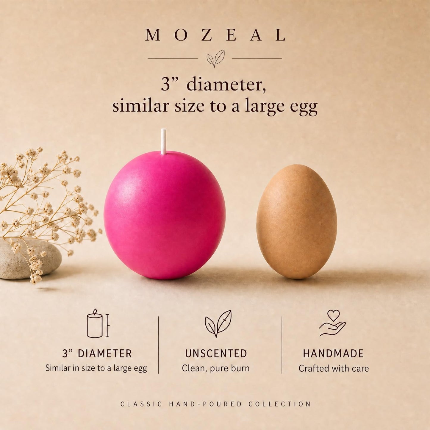 MOZEAL Hand-Poured, 3 Inch Hot Pink Round Ball Candles - Elegant Hot Pink Round Pillar Candles Set of 3, Dripless, Unscented, Smokeless, Ideal for Parties and Celebrations.