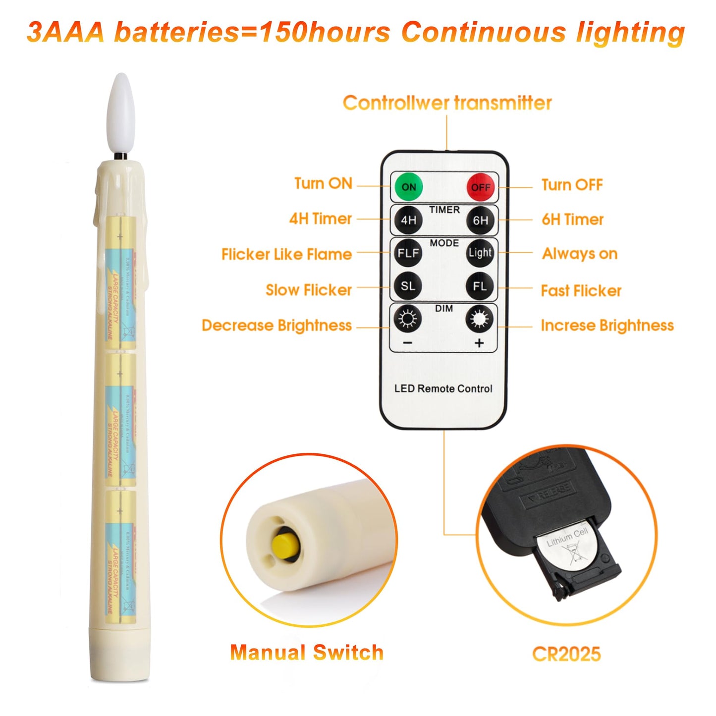 yunsheng Battery Operated LED Window Candles with Remote Timer, 8 Inches Ivory Flameless Taper Flickering Candles, Removable Black Candlesticks and Suction Cups, Holiday, Home Decor, 6 Pack