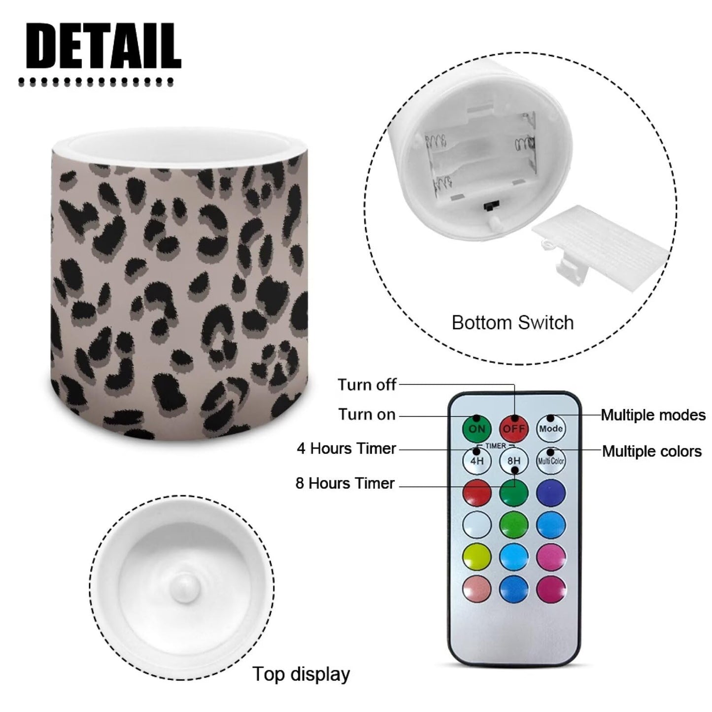 NETILGEN Classic Brown Leopard Print Flameless Candles Realistic Flickering Flameless Candles with Timer Remote Color Changing Battery Operated LED Candles Set of 4