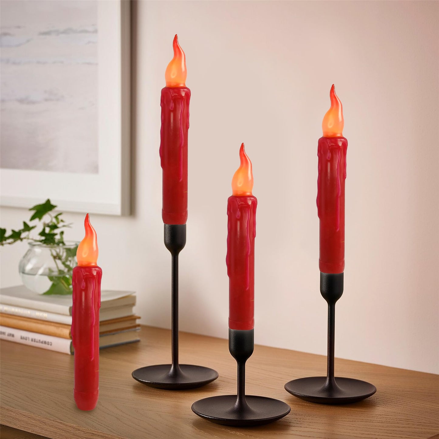 Gedengni Red Candlesticks Flameless Taper Candle, 4pcs Short LED Tapered Candles Remote Dipped Candle 6inch Battery Chandelier for Enchanting Christmas Harry Potter Inspired Vigils,R