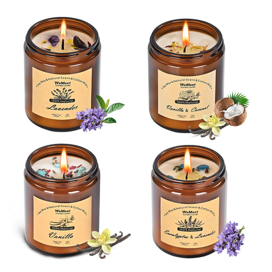WEMEET Scented Candles Set, 4 Pack Aromatherapy Candle with Crystals, 28 oz 160 Hour Long Lasting Candle, Soy Wax Scented Candle with Dried Flowers, Gifts for Men, Women, Birthday, Mother's Day
