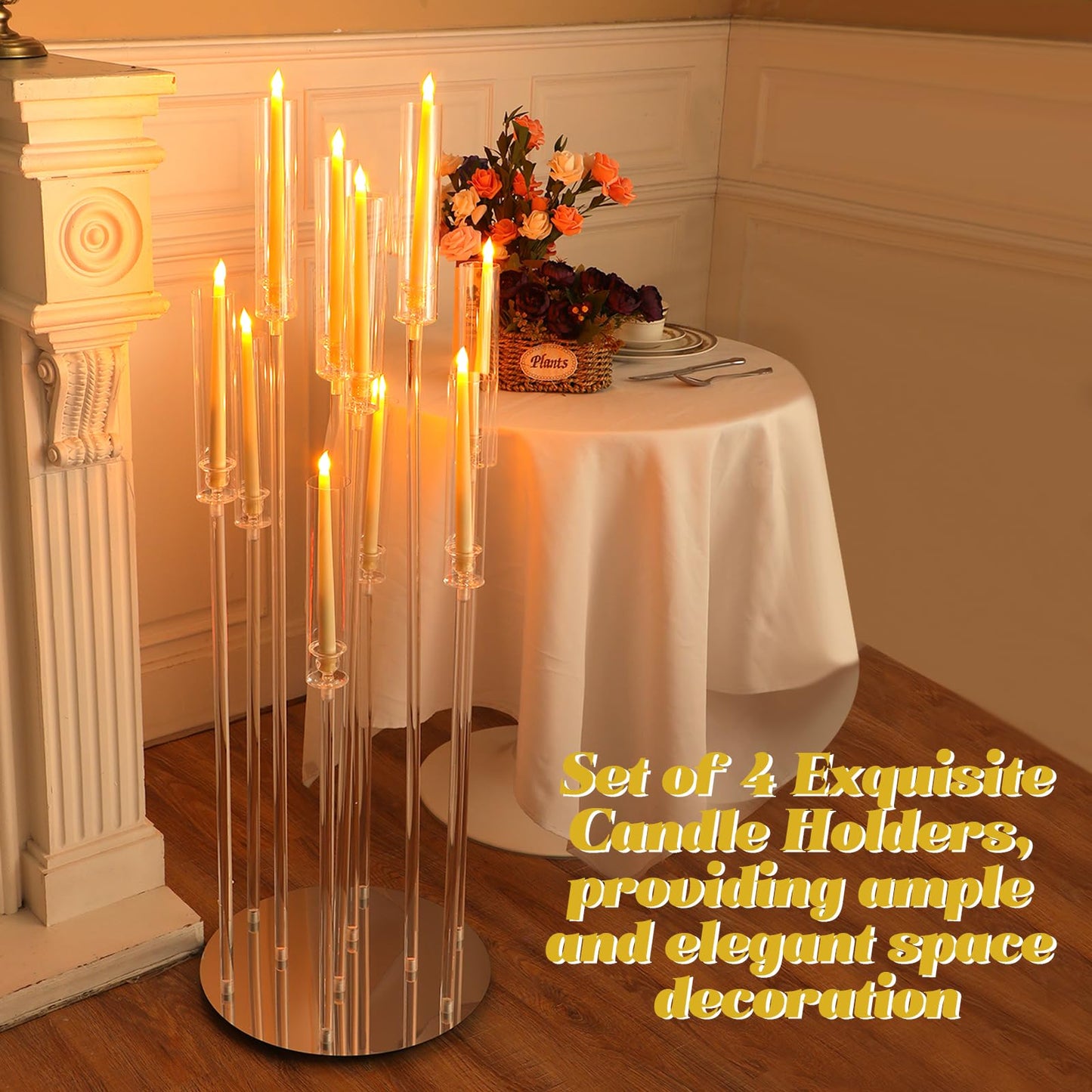 Tessco 4 Pcs 10 Arm 46.5 Acrylic Candelabra Table Centerpiece Floor Candelabras Clear Candle Holder with Removable Lampshade Wedding Candelabra Centerpiece Fit 0.8 LED