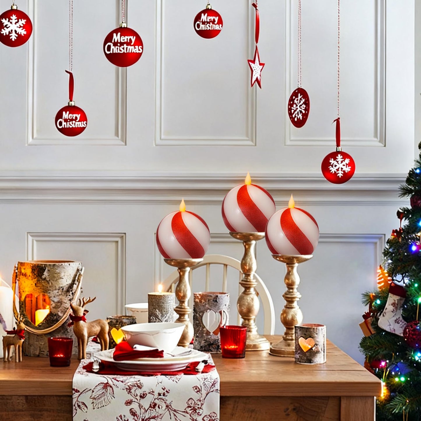 Set of 3 Christmas Sphere Candy-Cane Flameless Candles - Red White Real Wax Flickering Ball Candles Battery Operated with Remote, Candy Cane Christmas Decorations, Xmas Party Tables Centerpieces Decor