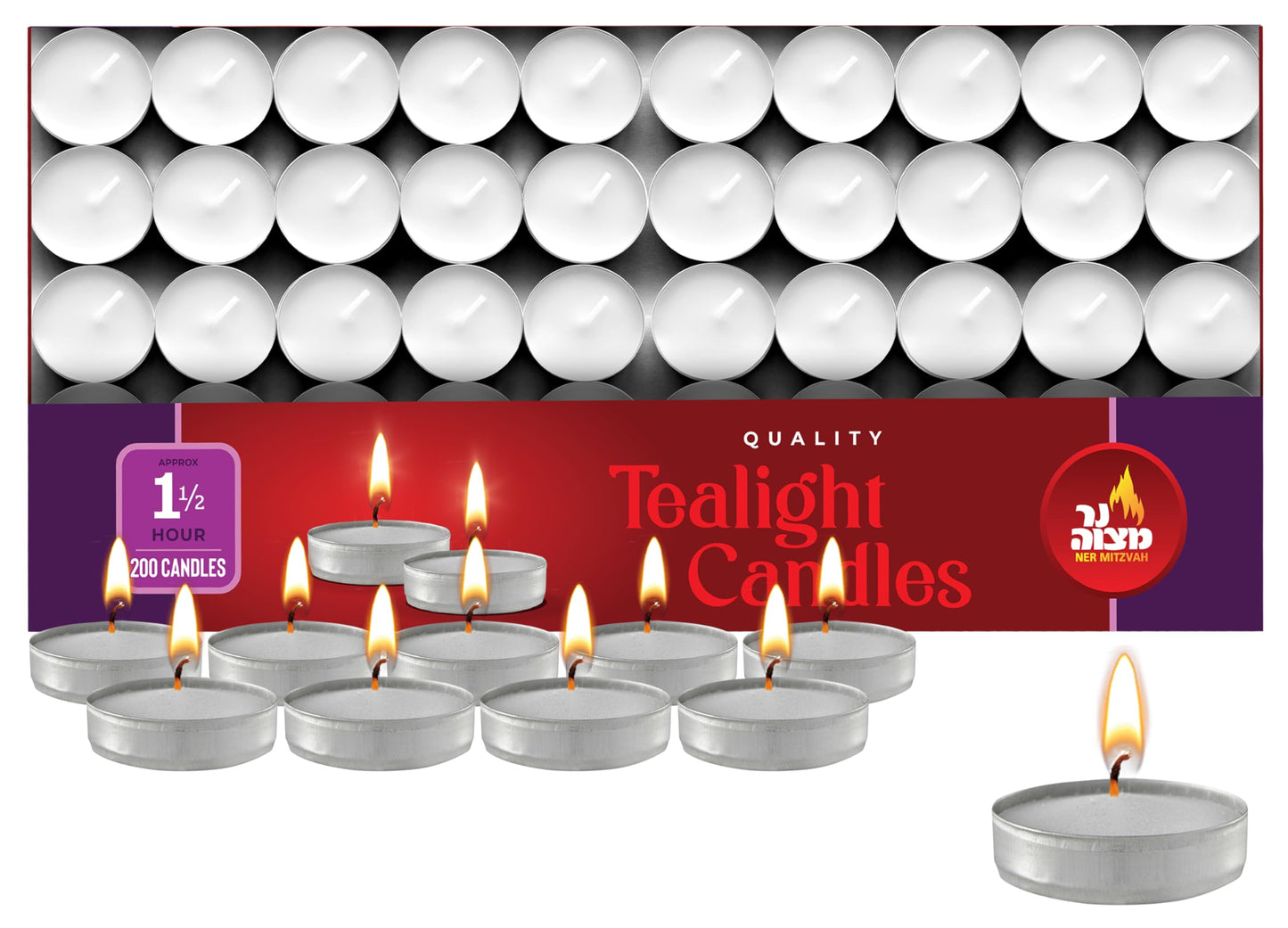 Ner Mitzvah Tealight Candles, Tea Lights Candles, White Tealights Unscented, 1.5 Hour Burn Time (Pack of 200),Bulk