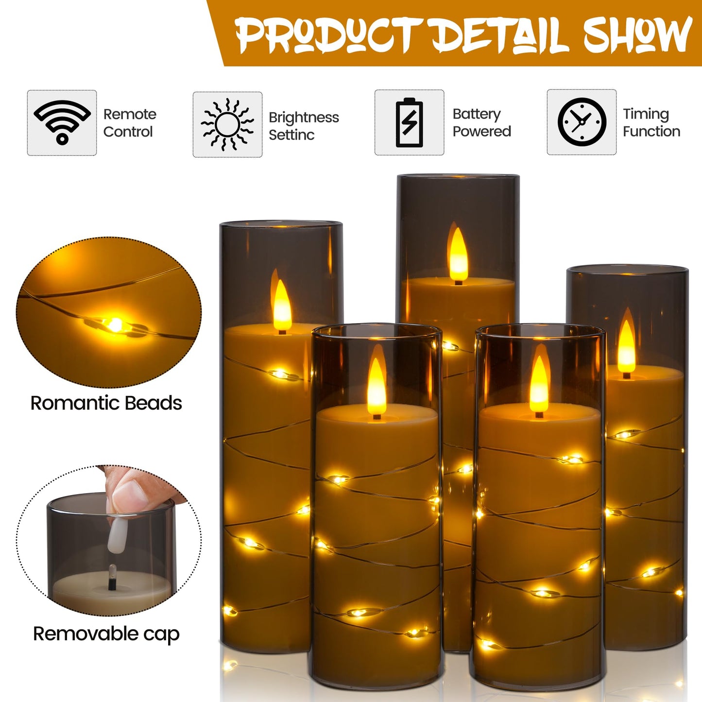 Da by 5 Pack Gray Transparent Acrylic Flameless Taper Candles, Flickering Black Wick LED Candles with Fairy String Lights, Heat Resistant Reusable ABS Candles with Remote for Home Patio Decor