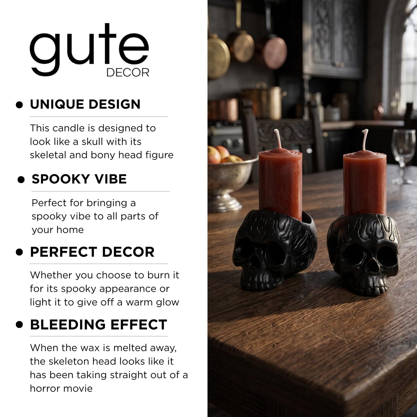 Skull Blood Candles 2 Pack - Bleeding Dripping Red Wax, Skeleton Reversing Skul Candle, Magic Skulls Candlestick Spooky Gothic Bar Decoration - 3.54 x 2.56 x 2.36-8 Hour Burn Time - Gute